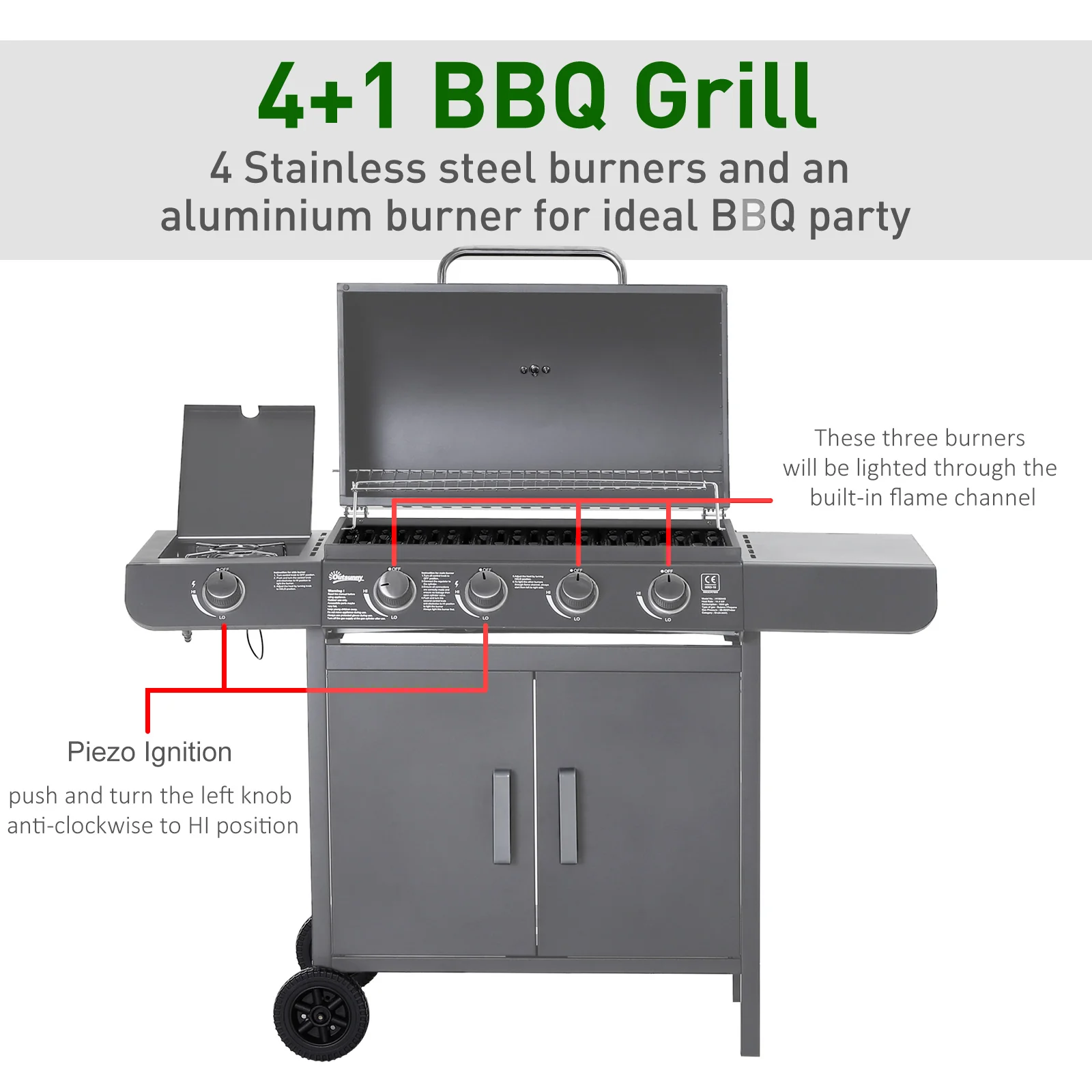 Outsunny Gas BBQ Grill 4 + 1 Stainless Steel Burner Garden Barbecue Cooker - Image 4