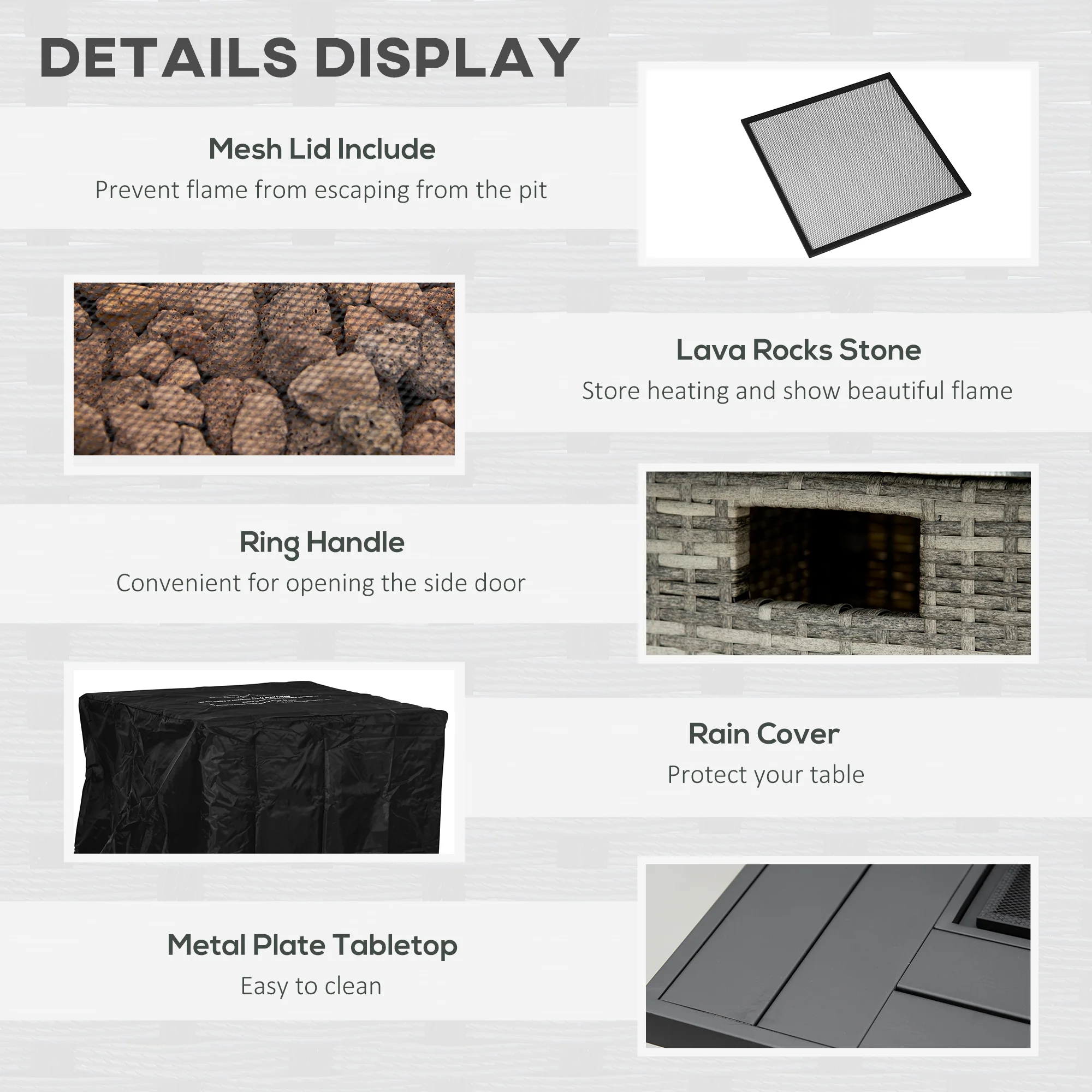 Outsunny Gas Fire Pit Table w/ Rain Cover, Mesh Lid & Lava Stone, 40,000 BTU - Image 6