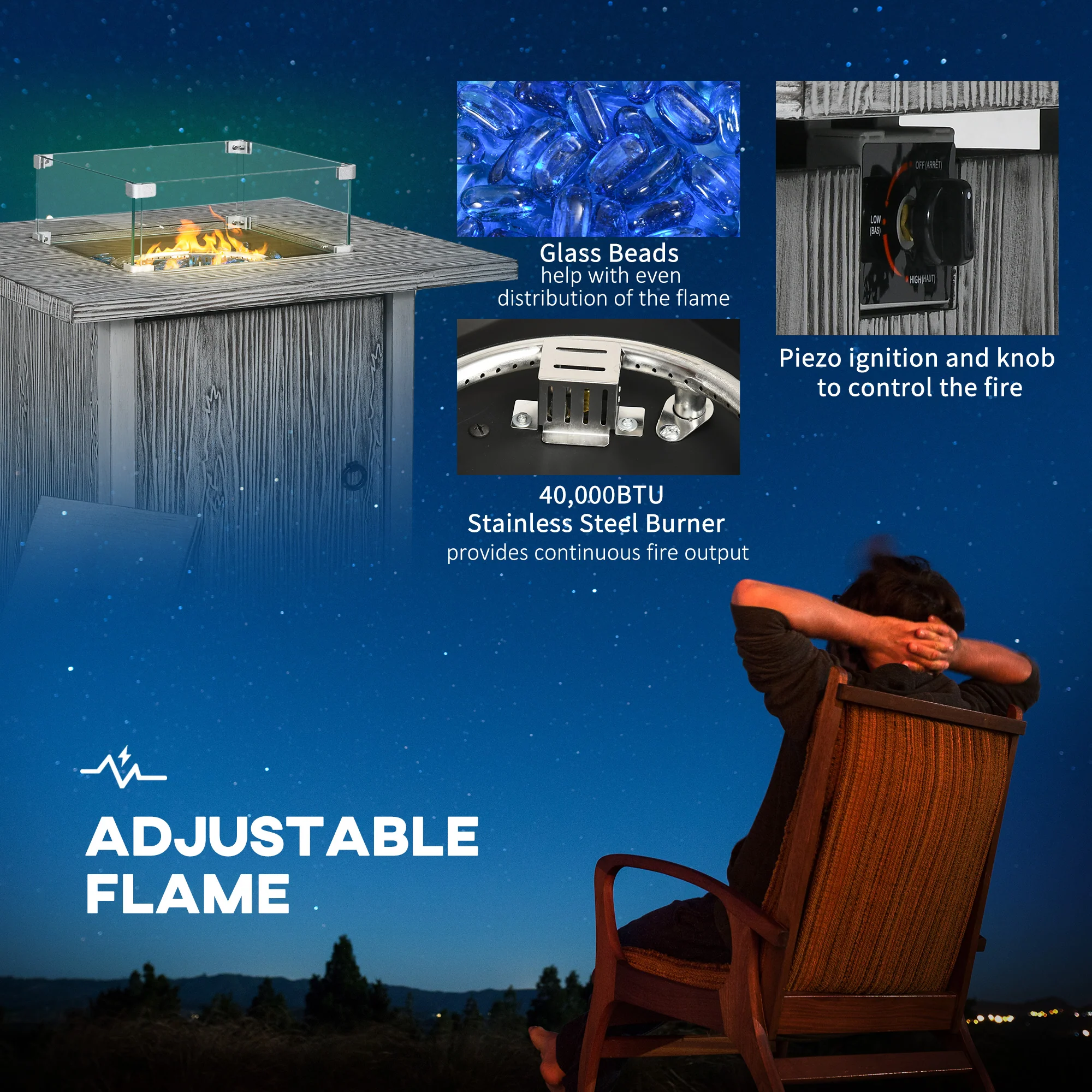 Outsunny Gas Fire Pit Table with 50,000 BTU Burner, Cover, Glass Screen, Grey - Image 4