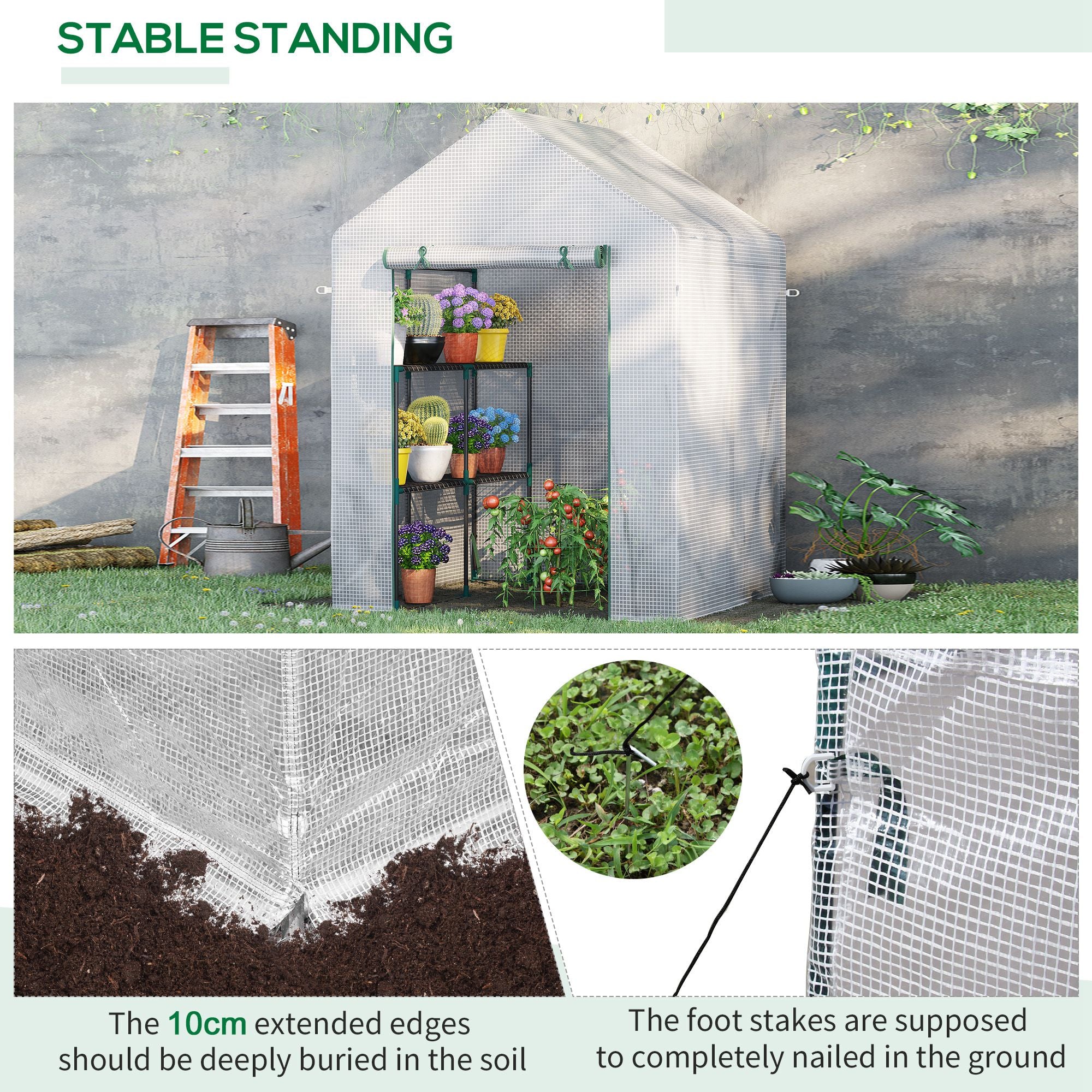 Outsunny Greenhouse for Outdoor w/ 2 Tier Shelf Roll-Up Zippered Door PE Cover Green - Image 6