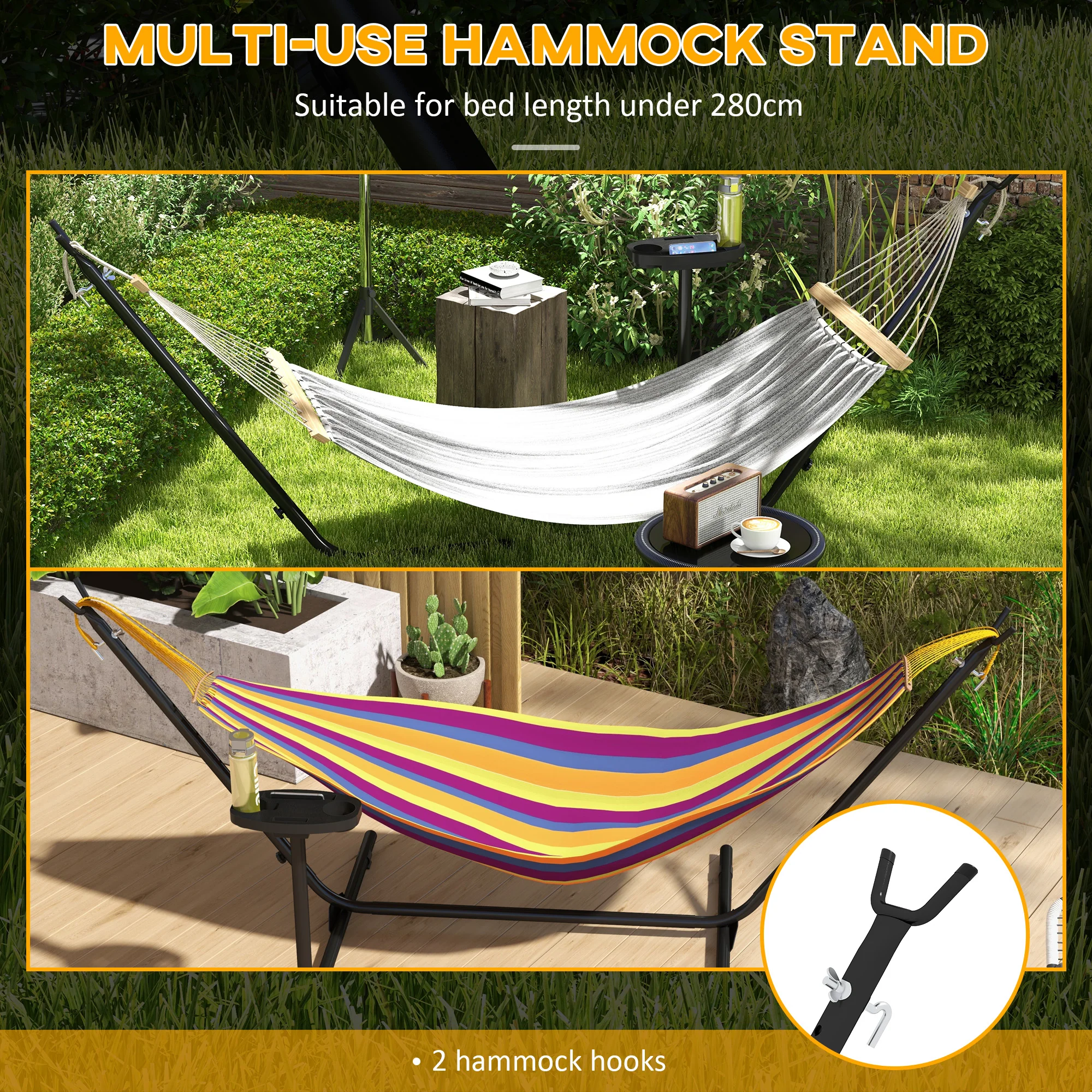Outsunny Hammock Stand with Side Tray, Steel Frame Hammock Stand, Black - Image 4