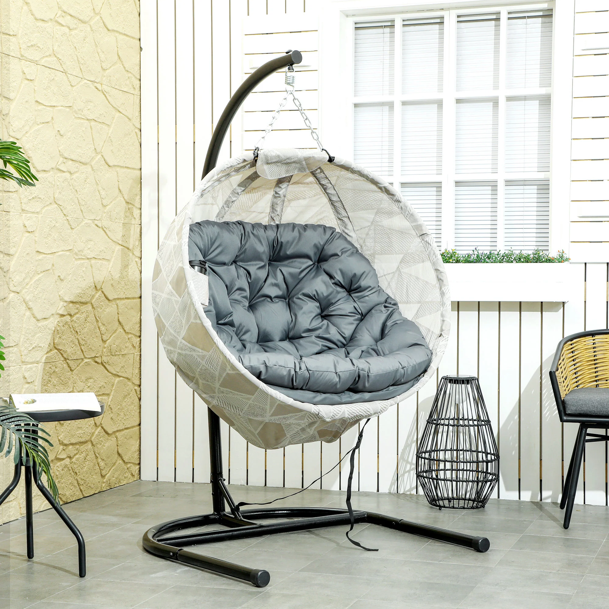 Outsunny Hanging Egg Chair Outdoor Indoor Swing Chair, Folding Basket - Image 2
