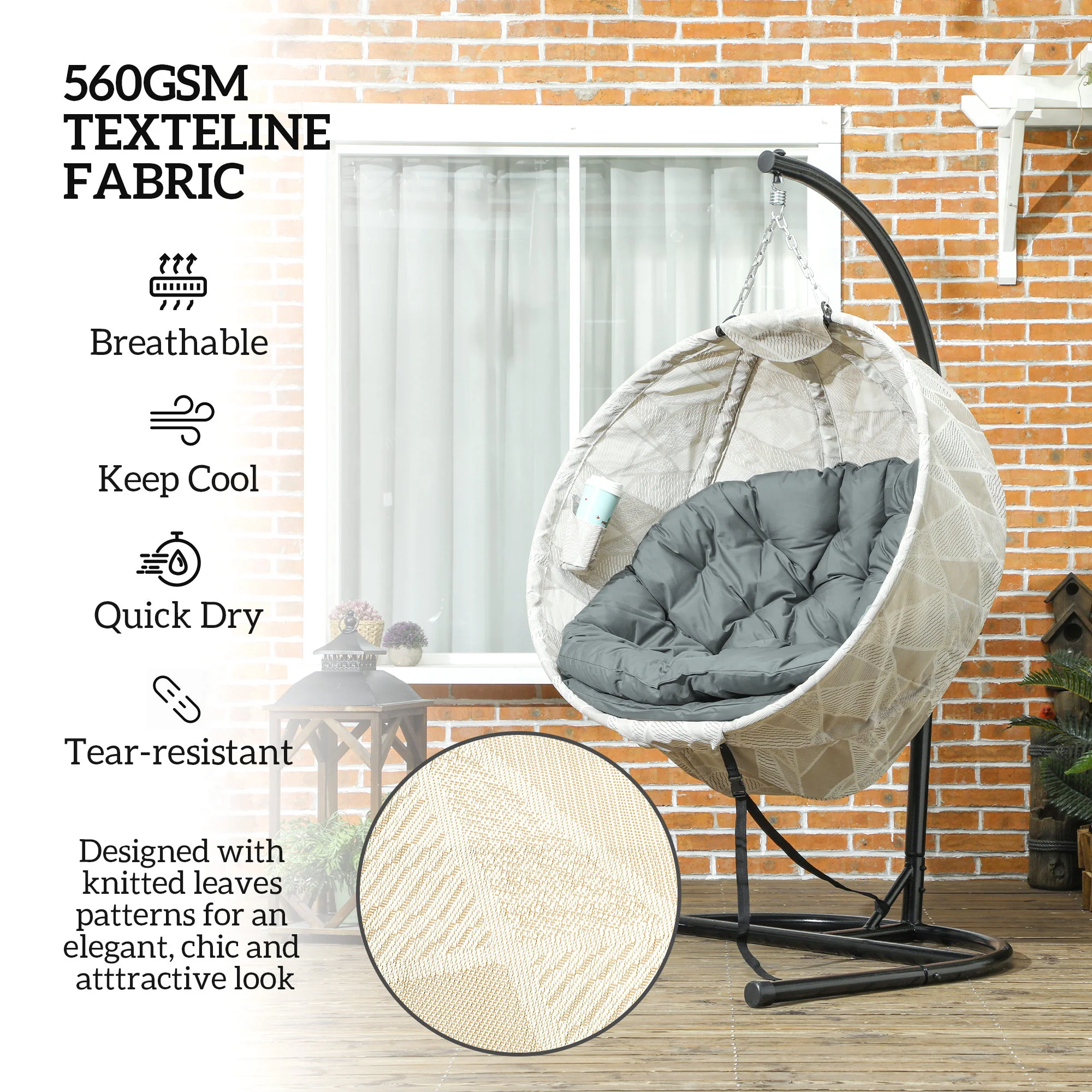 Outsunny Hanging Egg Chair Outdoor Indoor Swing Chair, Folding Basket - Image 4