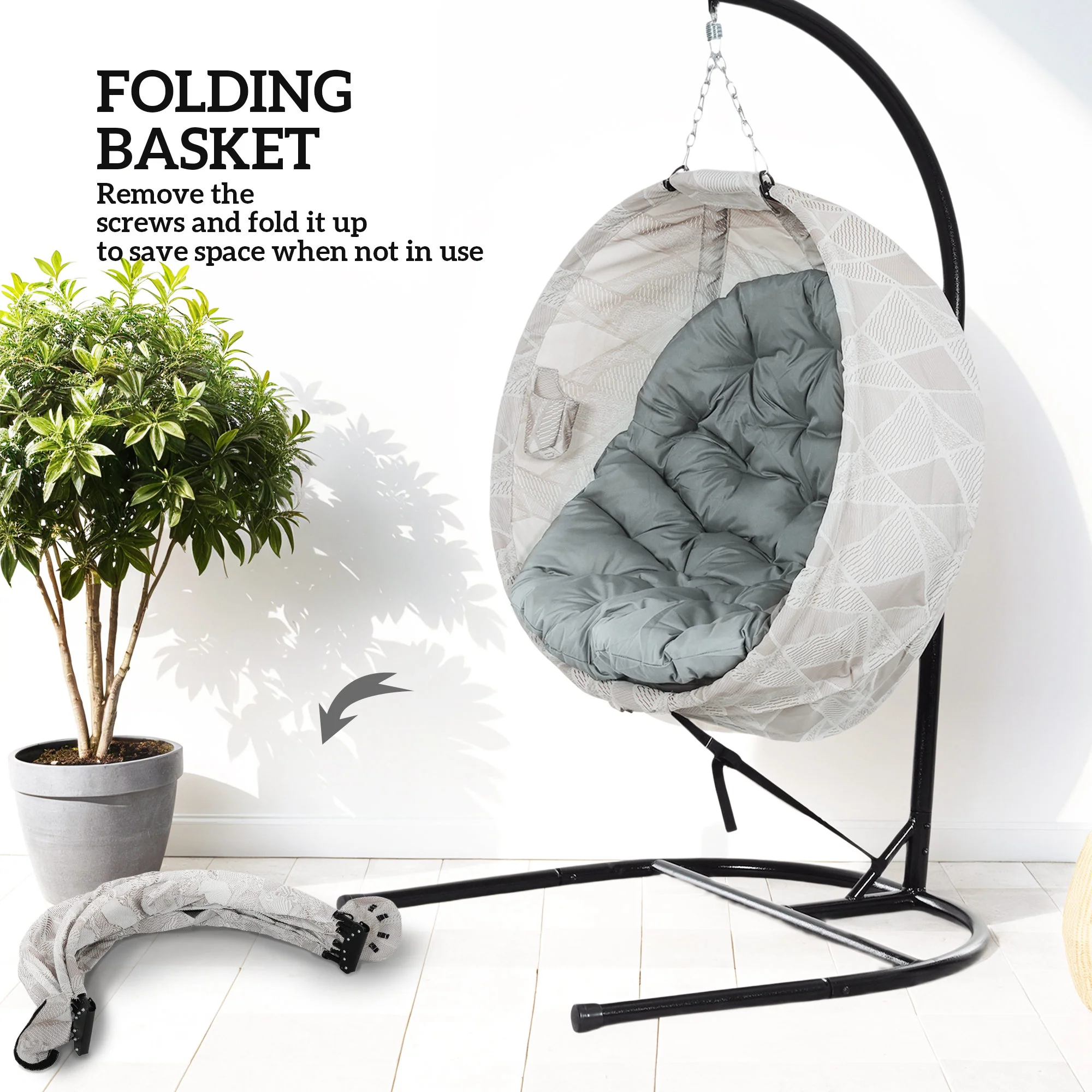 Outsunny Hanging Egg Chair Outdoor Indoor Swing Chair, Folding Basket - Image 6
