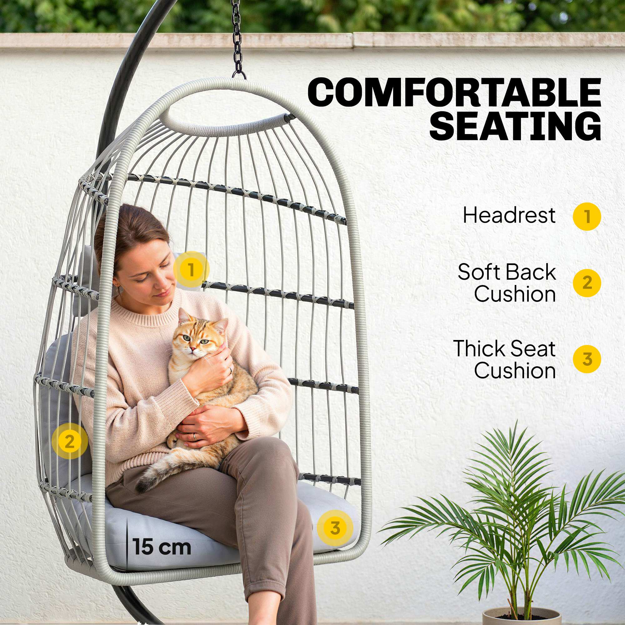 Outsunny Hanging Egg Chair, Outdoor Swing Chair with Stand, Light Grey - Image 6