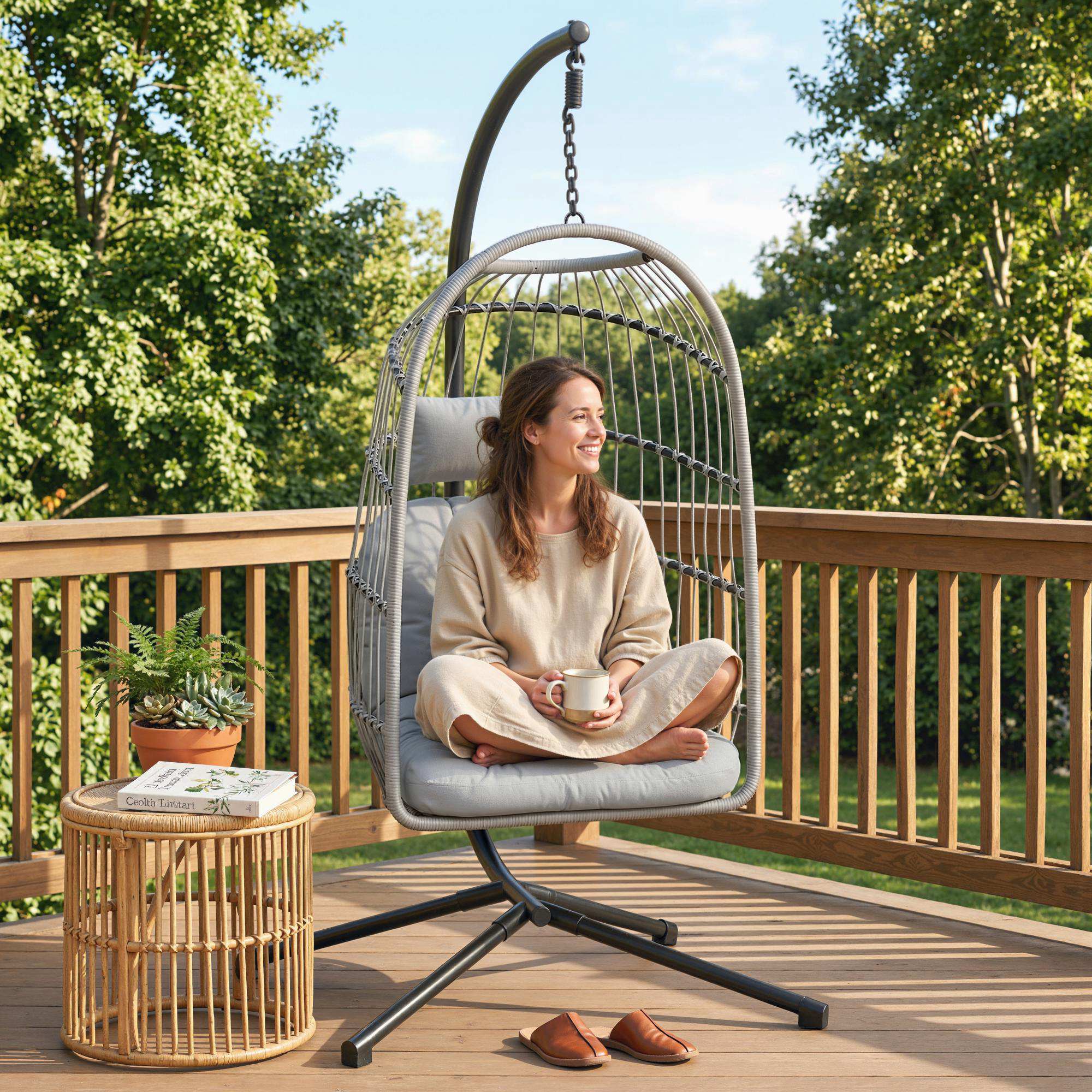 Outsunny Hanging Egg Chair, Outdoor Swing Chair with Stand, Light Grey - Image 8
