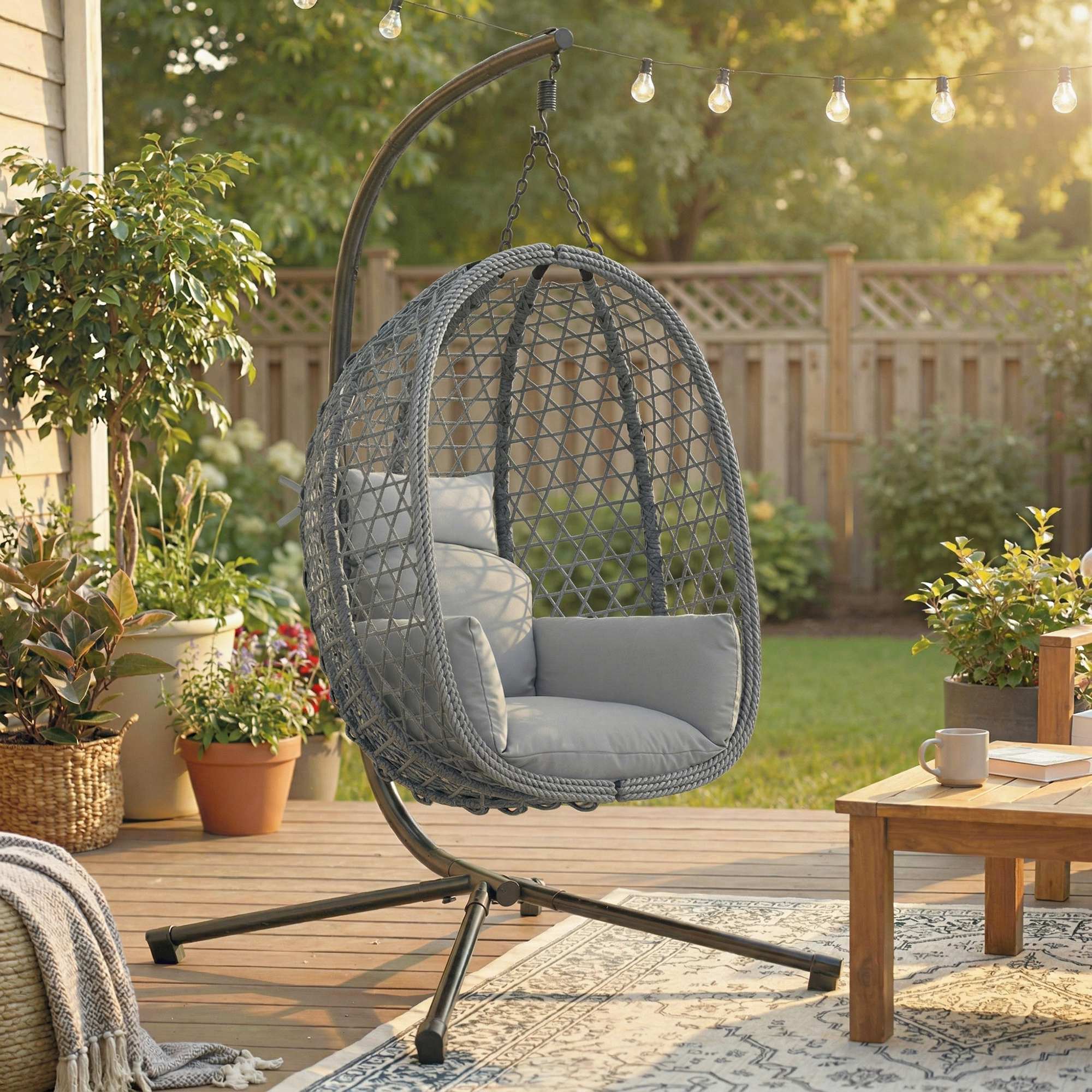Outsunny Hanging Egg Chair, Rattan Swing Chair with Stand, Dark Grey - Image 2