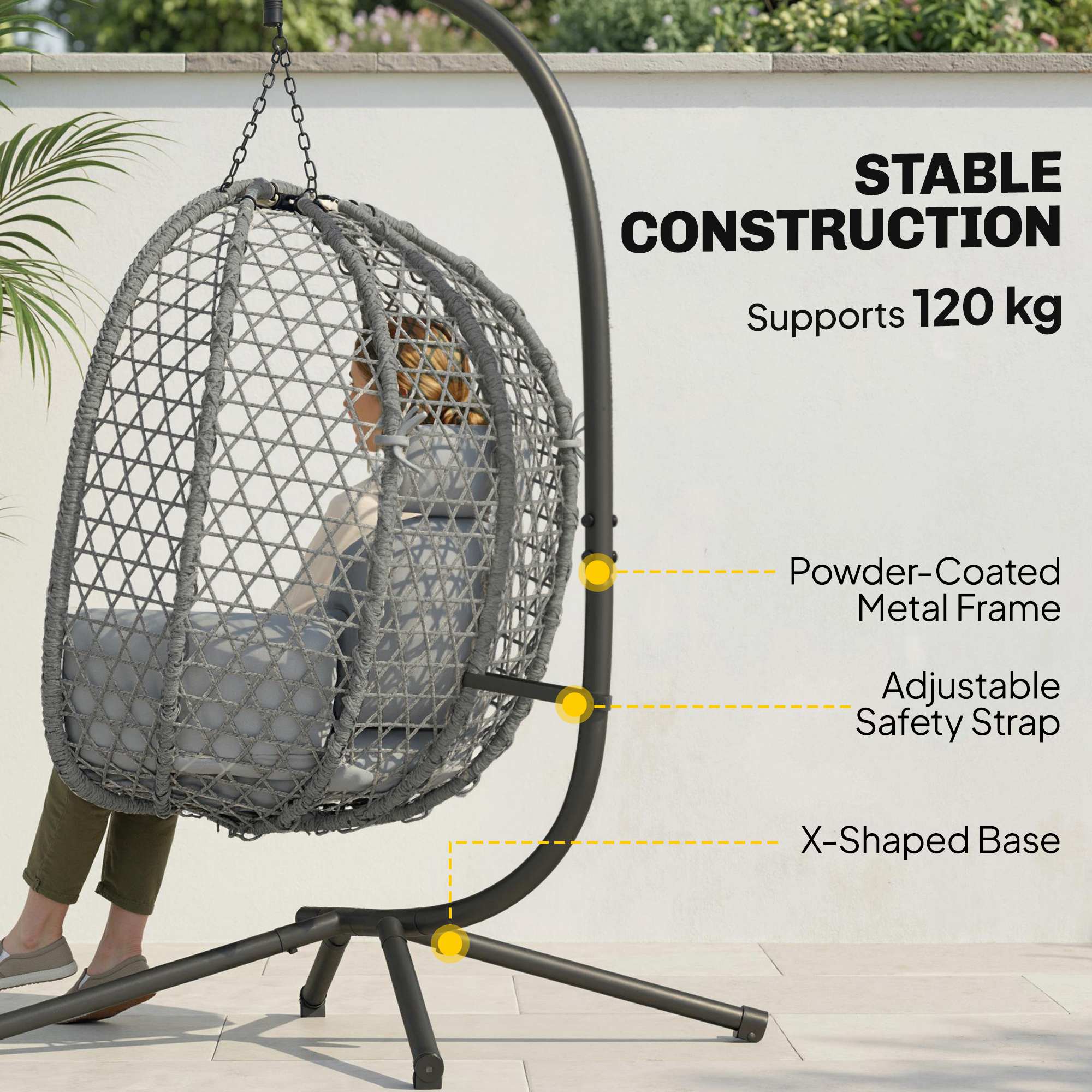 Outsunny Hanging Egg Chair, Rattan Swing Chair with Stand, Dark Grey - Image 3