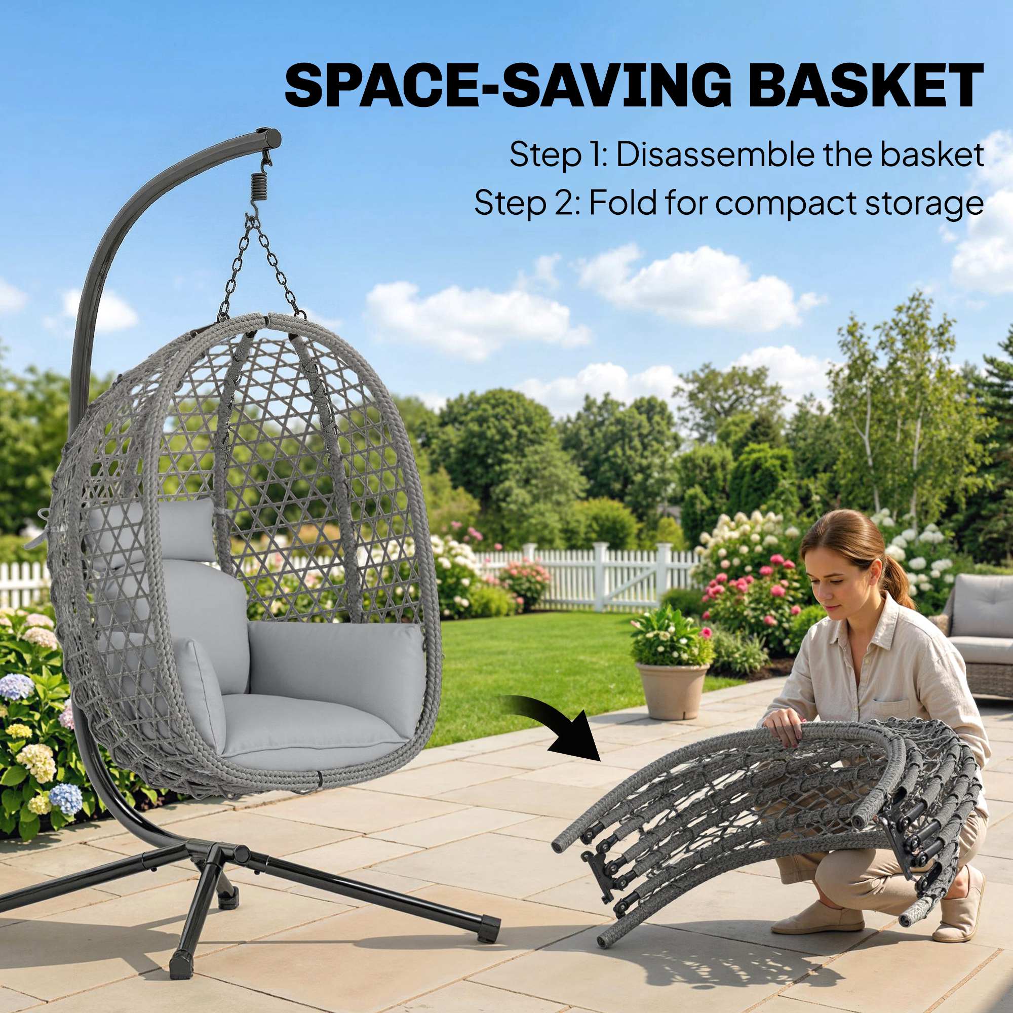 Outsunny Hanging Egg Chair, Rattan Swing Chair with Stand, Dark Grey - Image 4