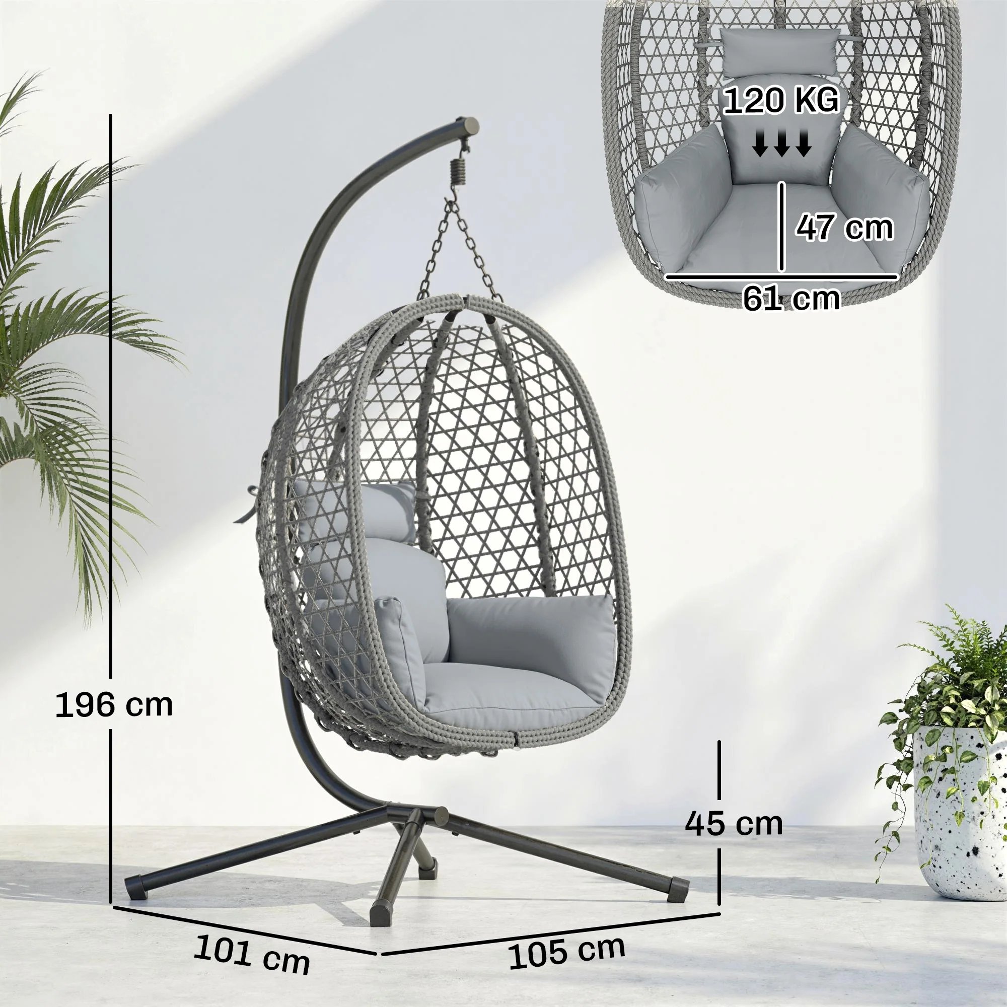Outsunny Hanging Egg Chair, Rattan Swing Chair with Stand, Dark Grey - Image 5