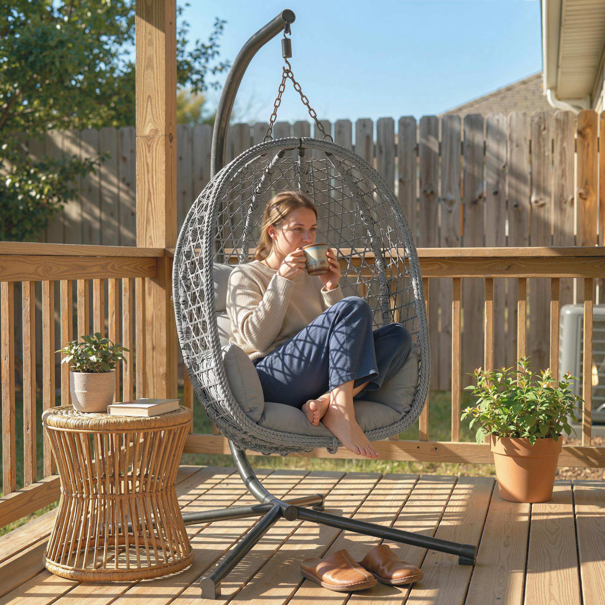 Outsunny Hanging Egg Chair, Rattan Swing Chair with Stand, Dark Grey - Image 8