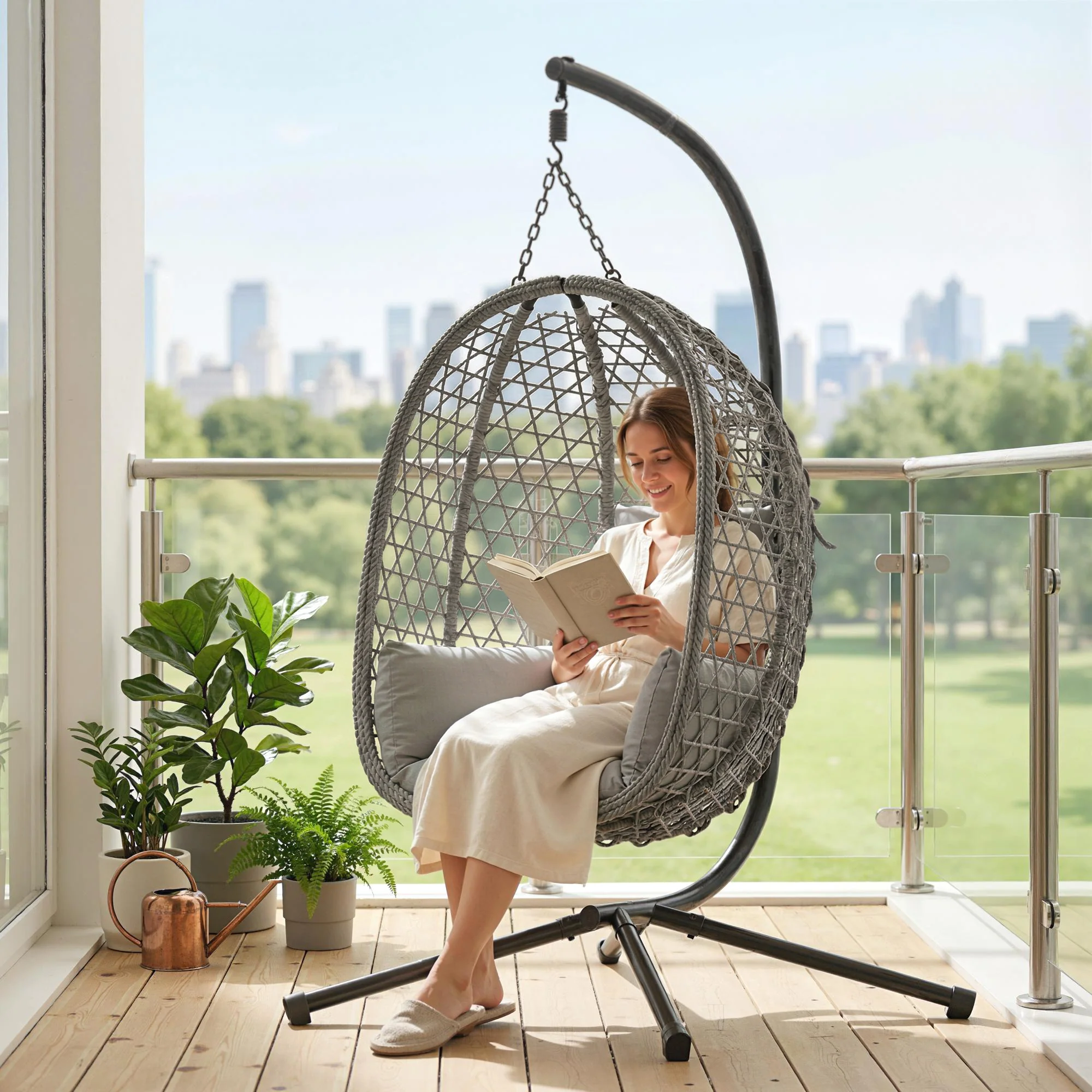 Outsunny Hanging Egg Chair, Rattan Swing Chair with Stand, Dark Grey - Image 9