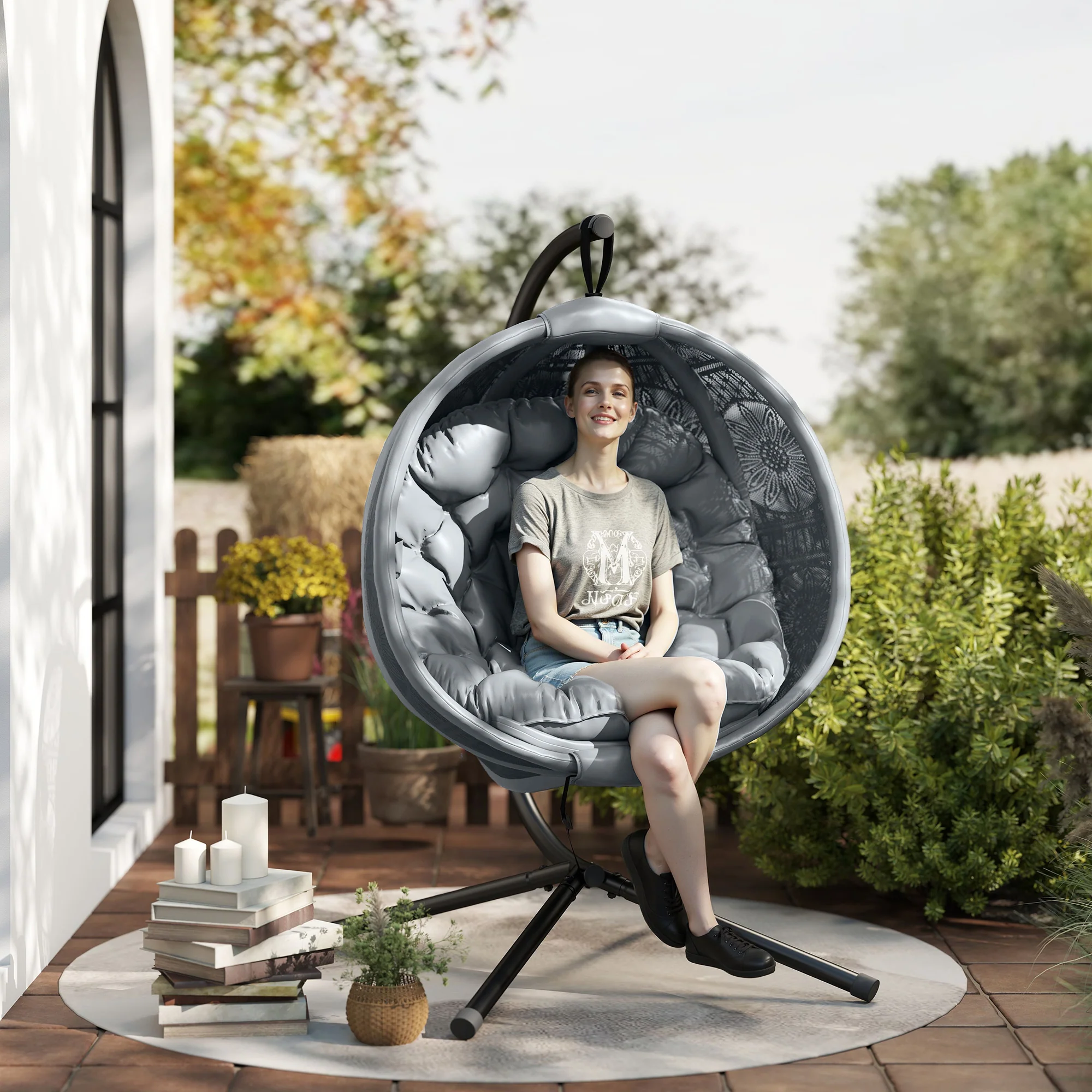 Outsunny Hanging Swing Chair w/ Metal Stand & Side Pocket, Charcoal Grey - Image 2
