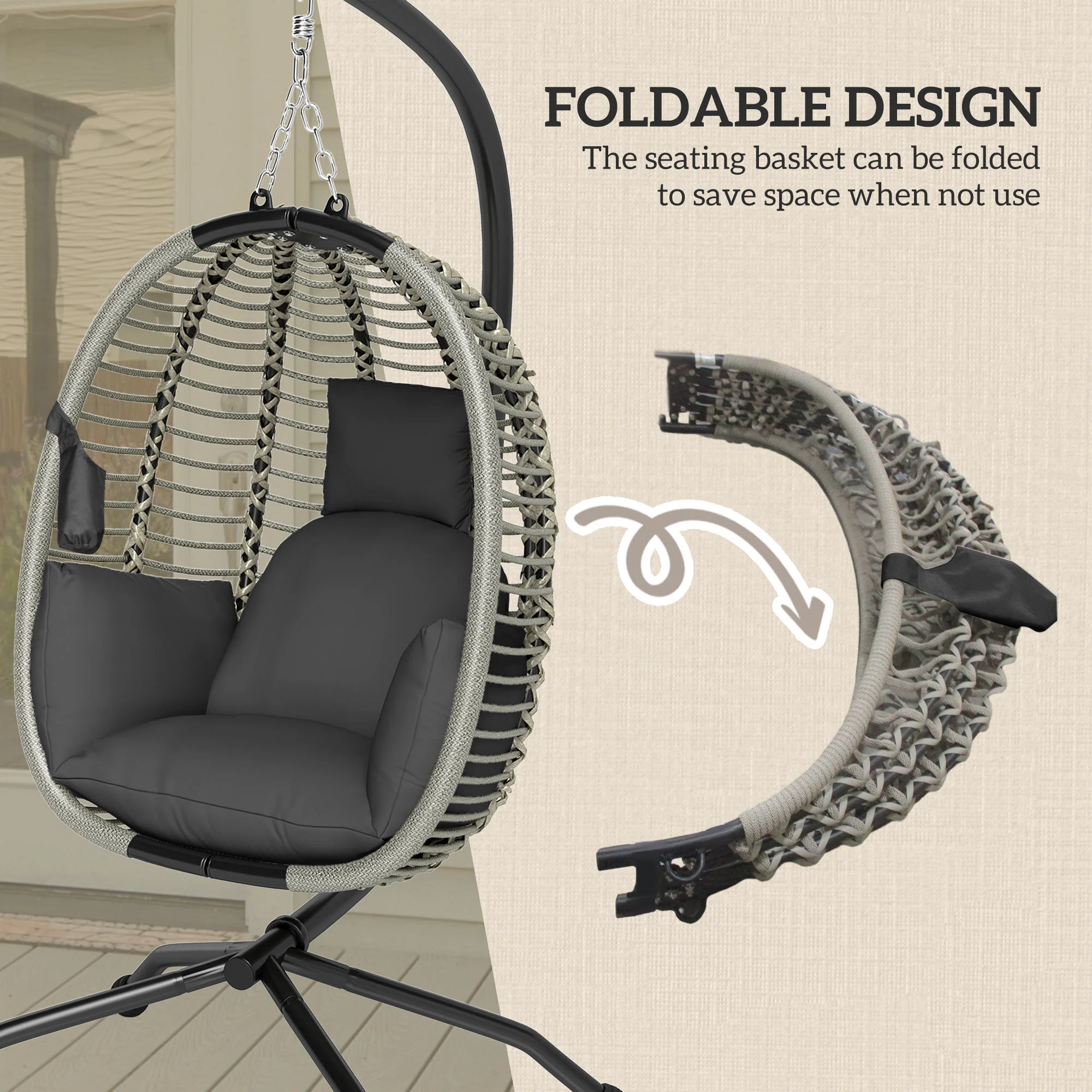 Outsunny Hanging Swing Chair W/ Thick Cushion, Hanging Chair - Image 4