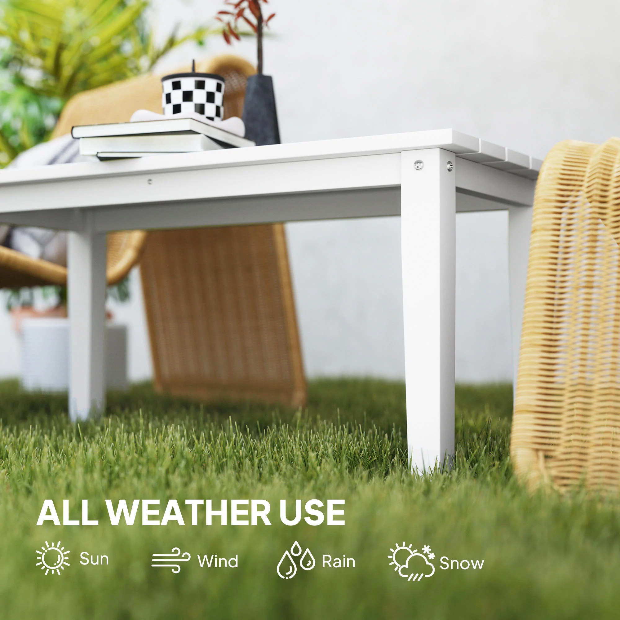 Outsunny HDPE Rectangle Garden Coffee Table, Slatted Outdoor Table, White - Image 6