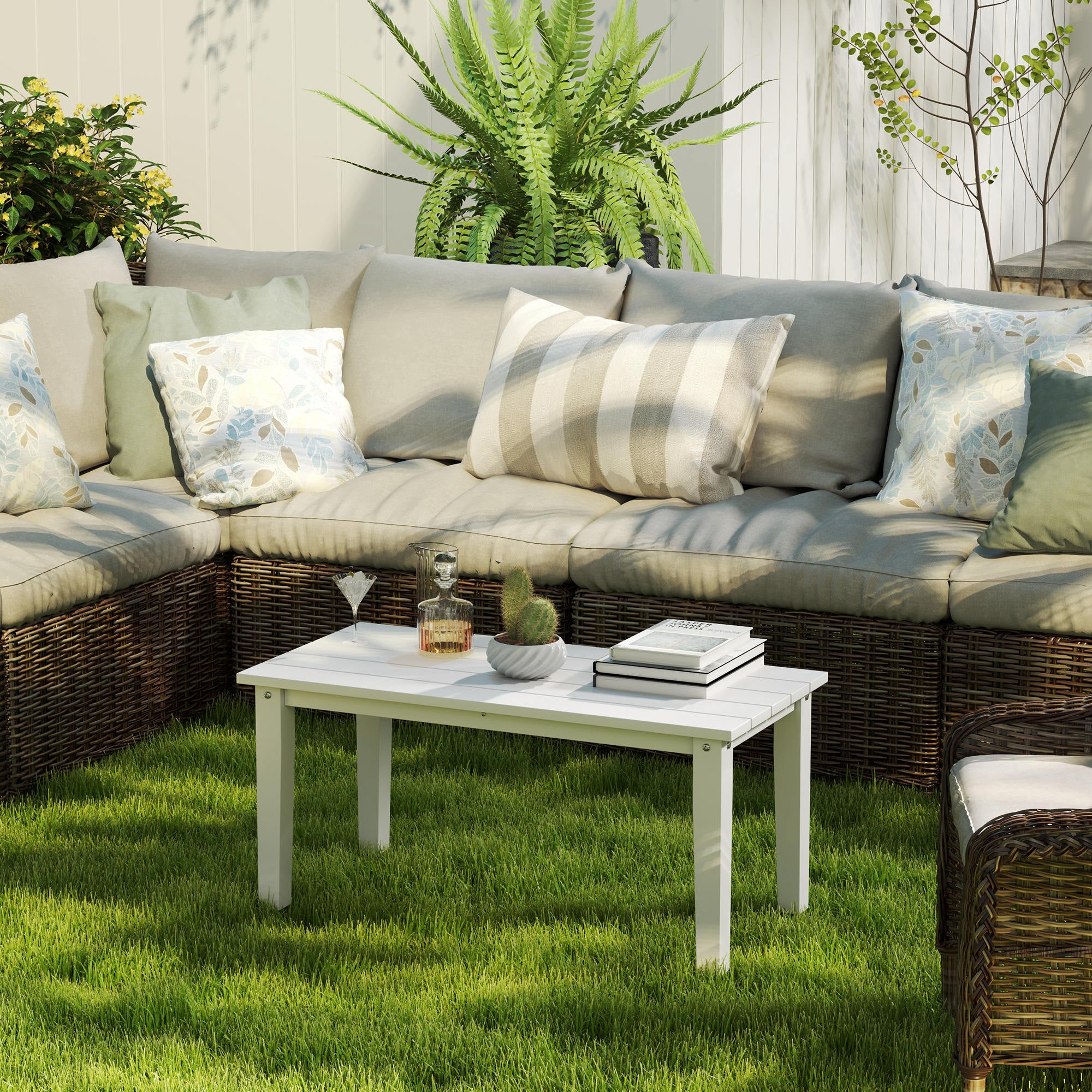 Outsunny HDPE Rectangle Garden Coffee Table, Slatted Outdoor Table, White - Image 8