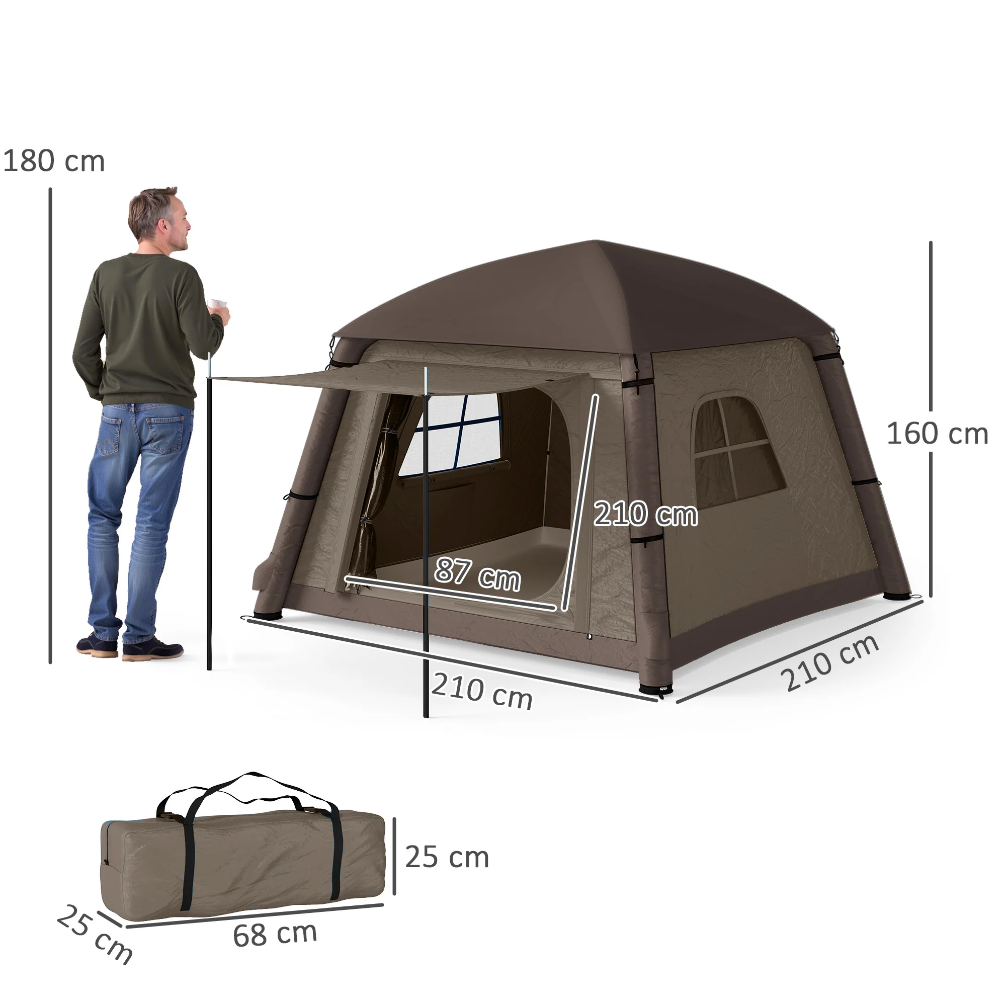 Outsunny Inflatable Camping Tent, Easy Setup 2 Man Tent, Khaki - Image 3