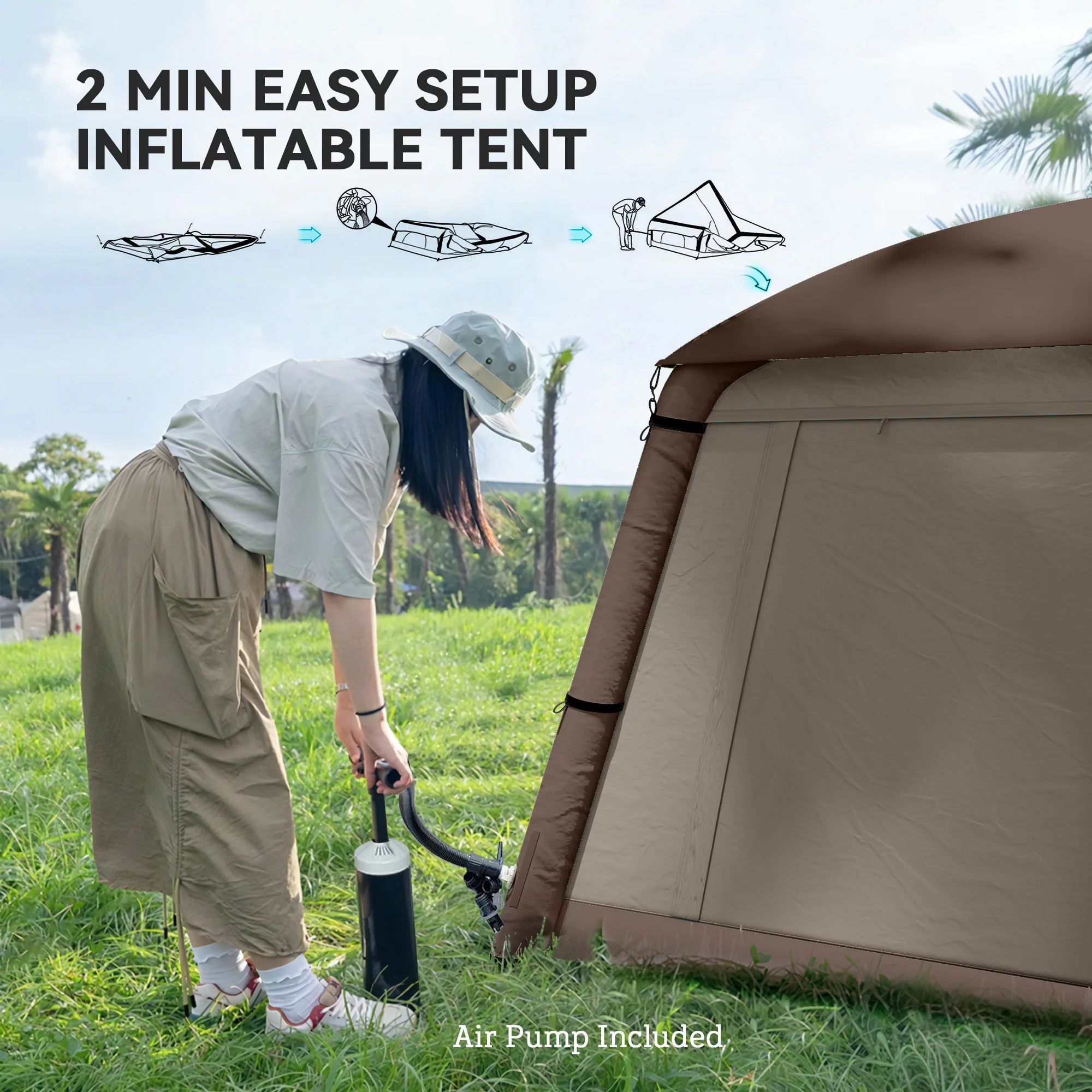 Outsunny Inflatable Camping Tent, Easy Setup 2 Man Tent, Khaki - Image 4