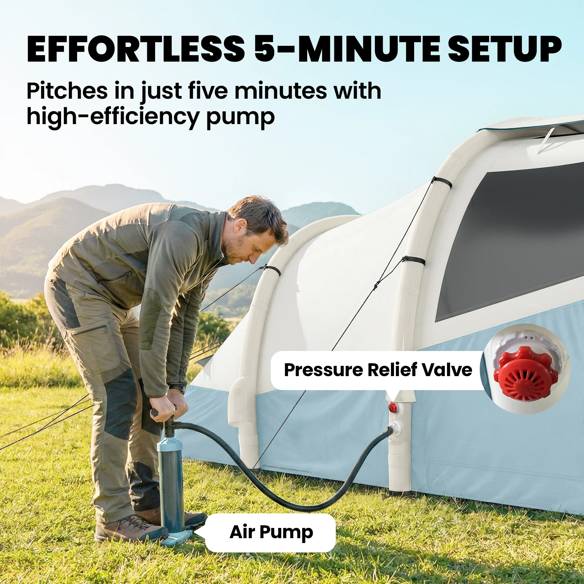 Outsunny Inflatable Camping Tent W/ Air Pump, 2-3 Person Blow Up Tent, Blue - Image 3
