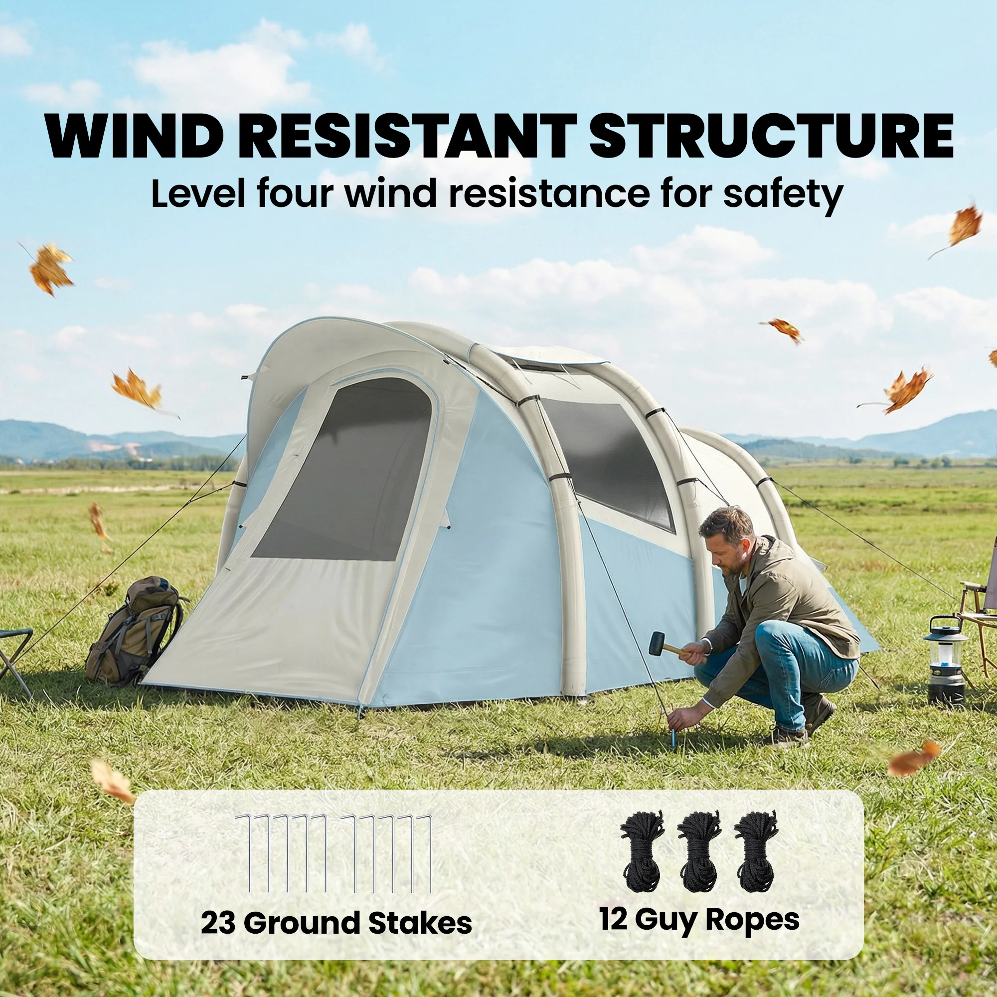 Outsunny Inflatable Camping Tent W/ Air Pump, 2-3 Person Blow Up Tent, Blue - Image 8