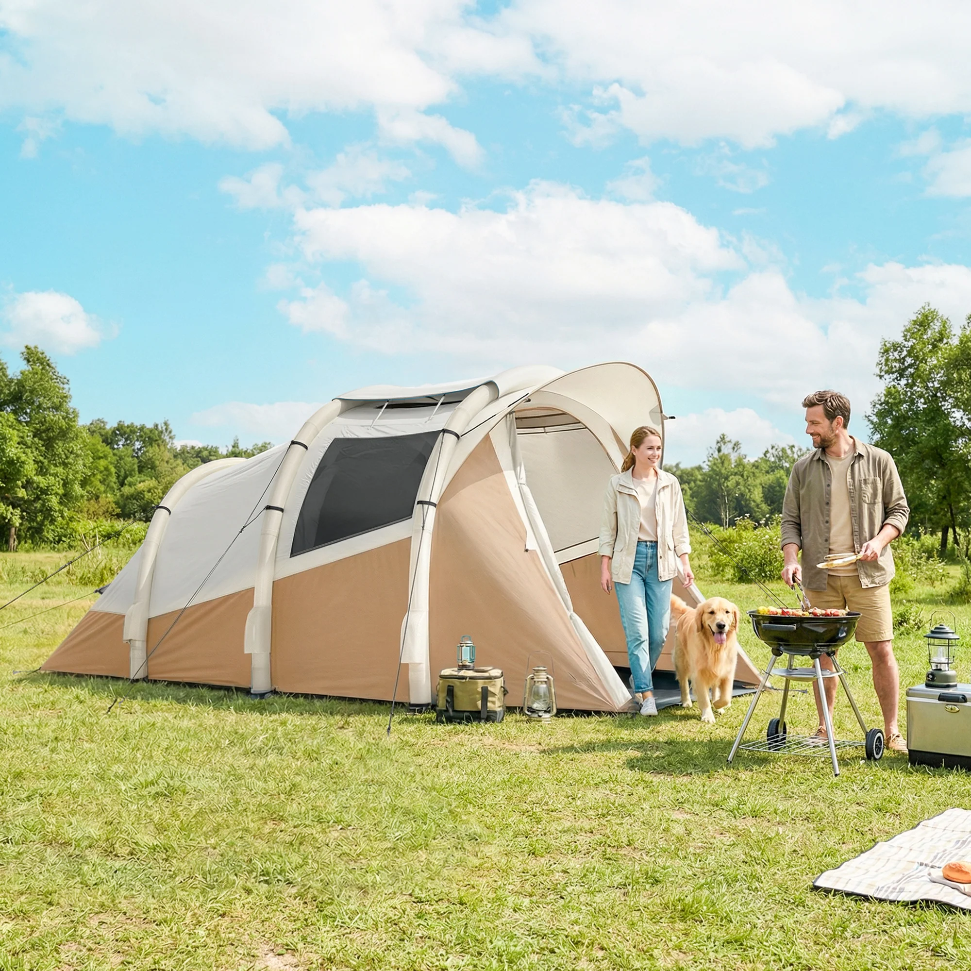 Outsunny Inflatable Camping Tent W/ Air Pump, 2-3 Person Blow Up Tent, Khaki - Image 2