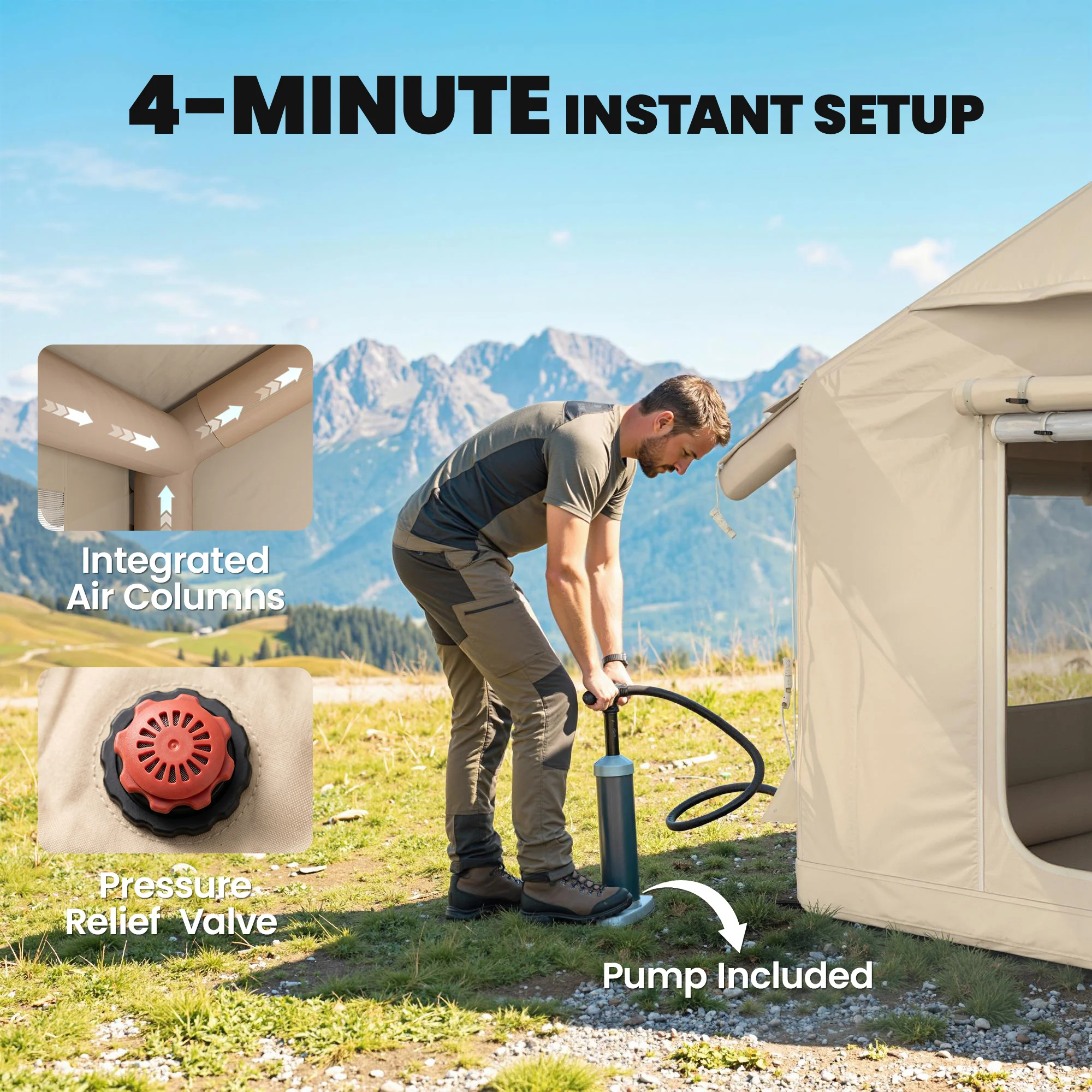 Outsunny Inflatable Tents 4 Season for 6-8 Person Khaki - Image 3