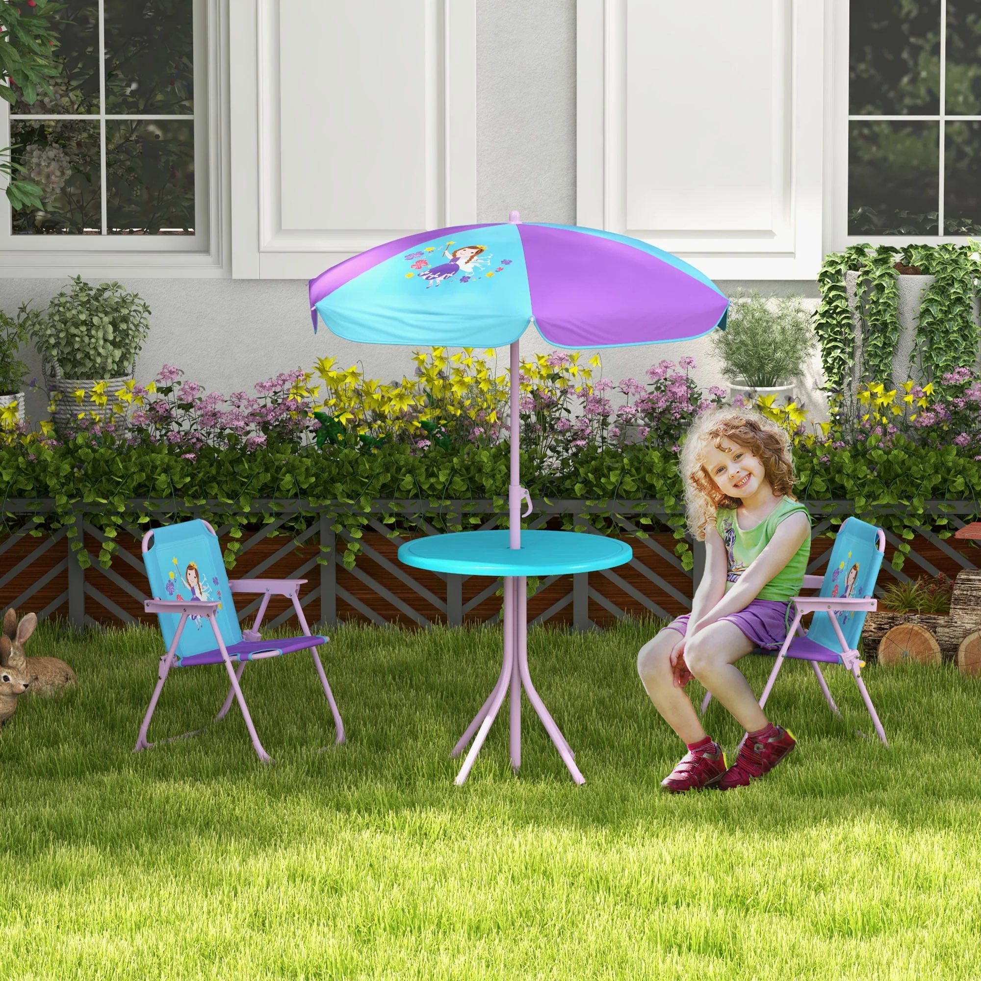 Outsunny Kids Bistro Table and Chair Set w/ Fairy Theme, Adjustable Parasol - Image 2