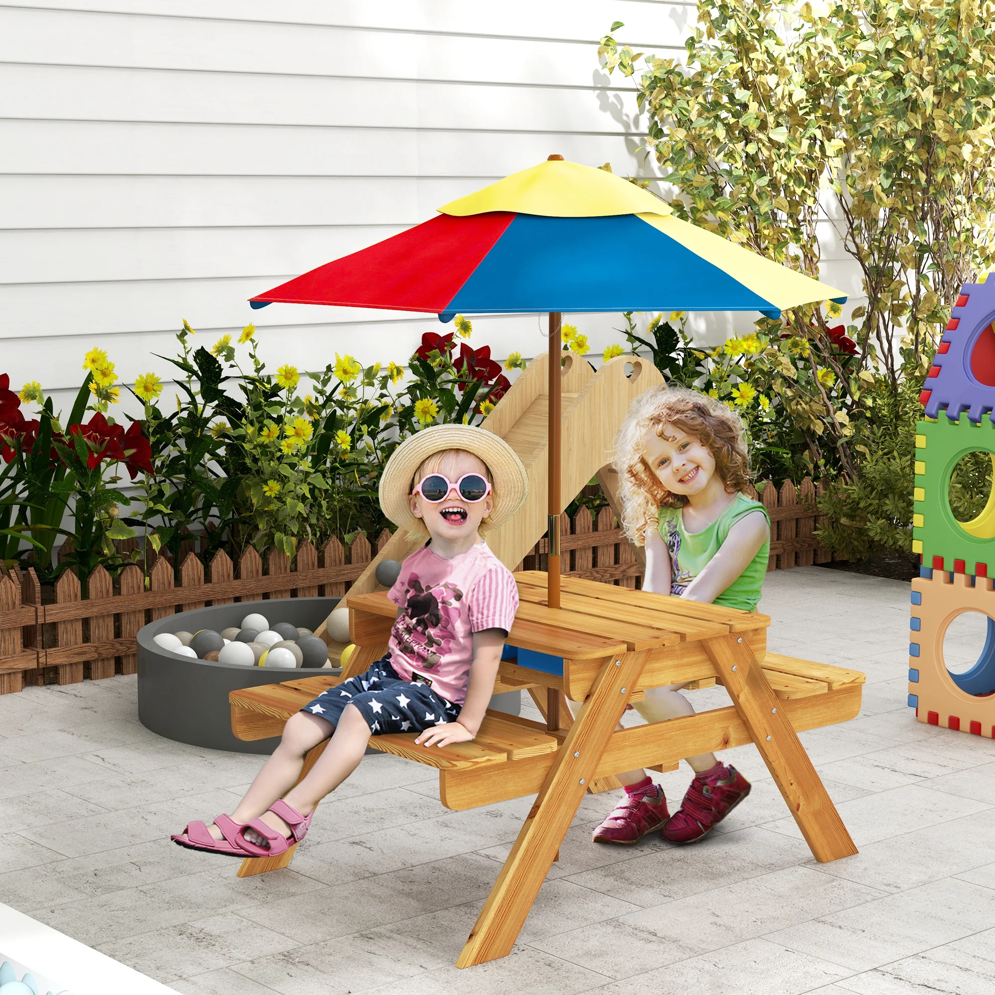 Outsunny Kids Picnic Table Set w/ Sand and Water, Removable Parasol - Brown - Image 2