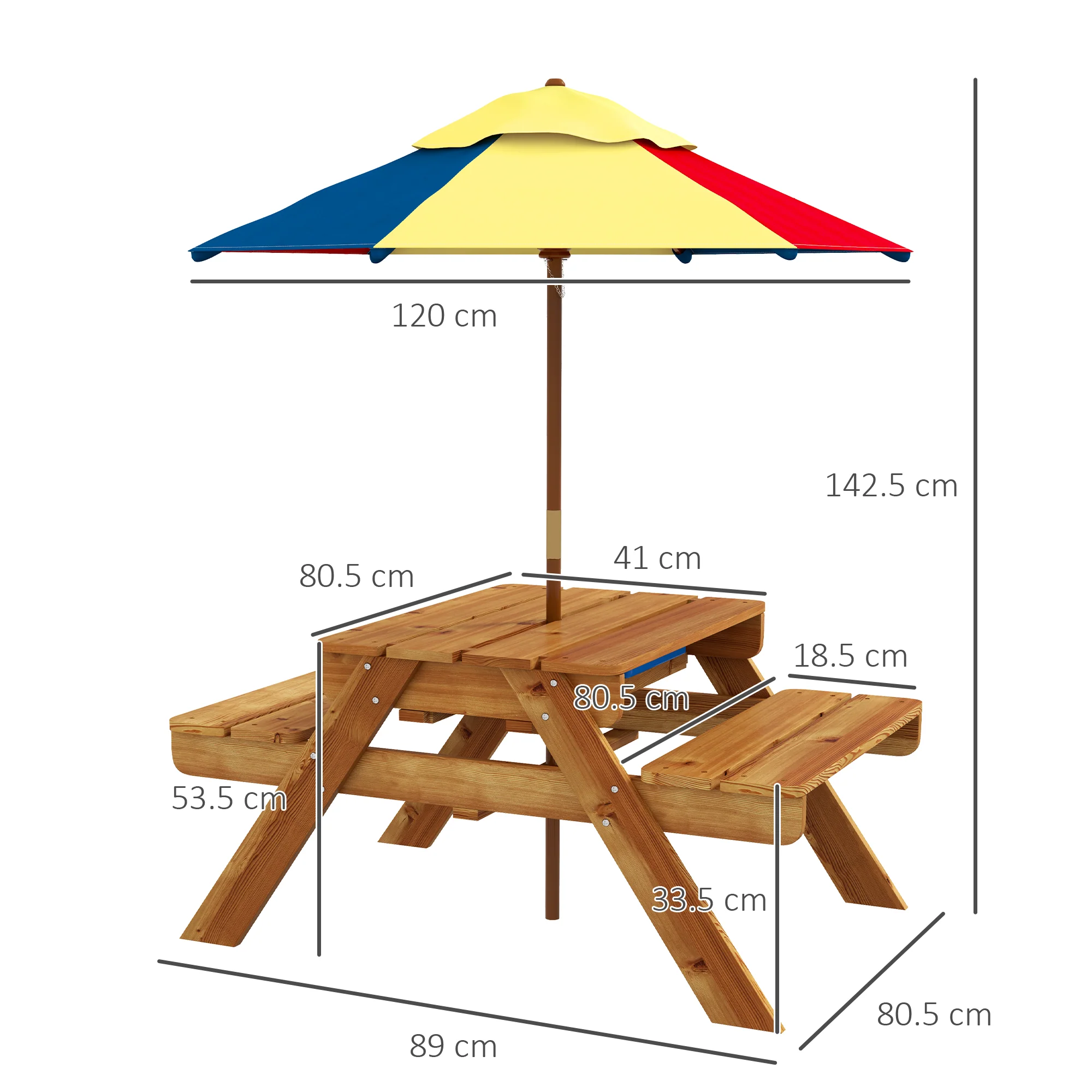 Outsunny Kids Picnic Table Set w/ Sand and Water, Removable Parasol - Brown - Image 5