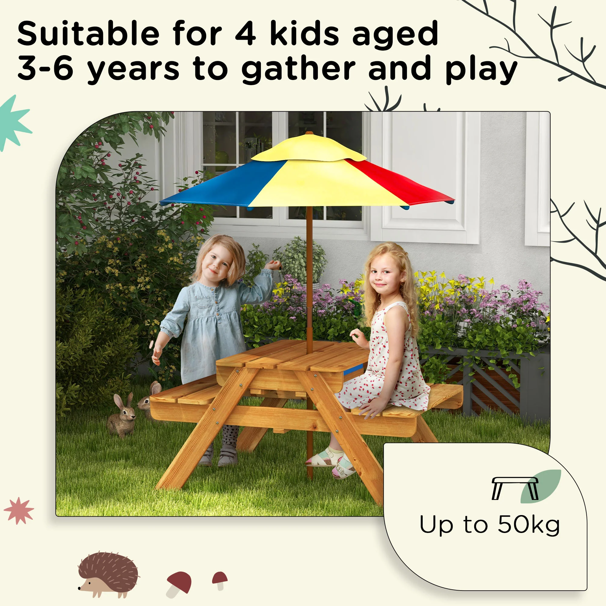 Outsunny Kids Picnic Table Set w/ Sand and Water, Removable Parasol - Brown - Image 6