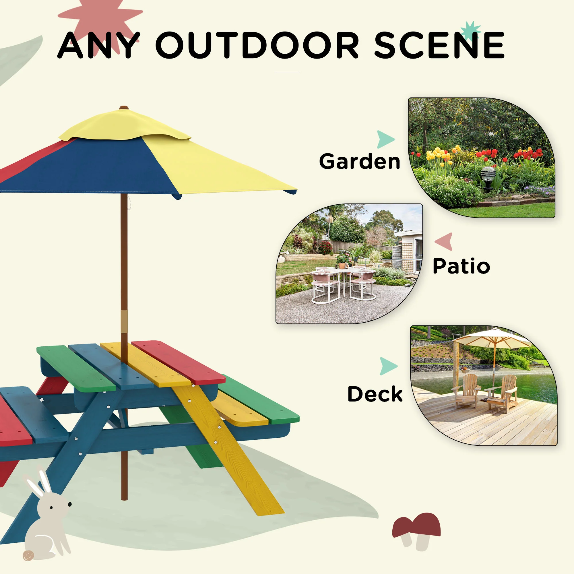 Outsunny Kids Table and Chair Set w/ Removable Parasol, for Ages 3-6 Years - Image 6