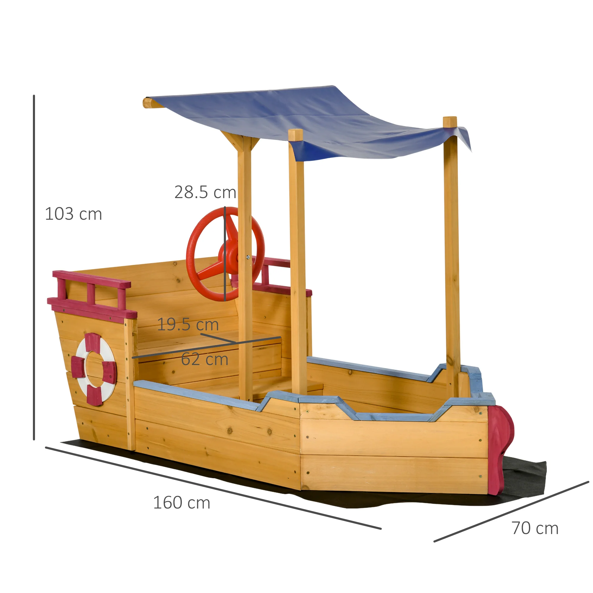 Outsunny Kids Wooden Sandbox Play Station, Covered Children Sand Boat Outdoor, For Backyard, W/ Canopy Shade, Storage Bench, Bottom Liner, Aged 3-8 Years Old, Orange - Image 2