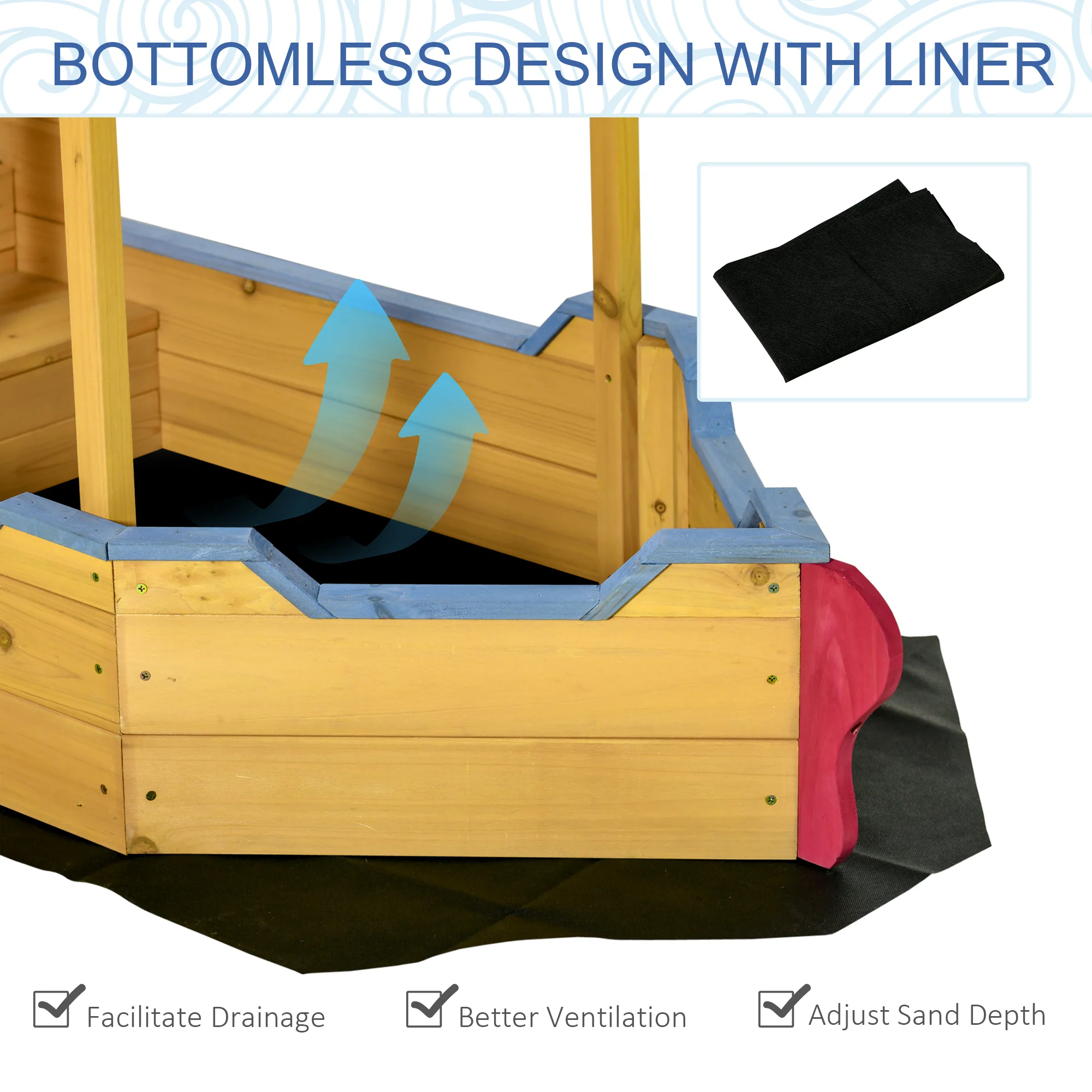 Outsunny Kids Wooden Sandbox Play Station, Covered Children Sand Boat Outdoor, For Backyard, W/ Canopy Shade, Storage Bench, Bottom Liner, Aged 3-8 Years Old, Orange - Image 5