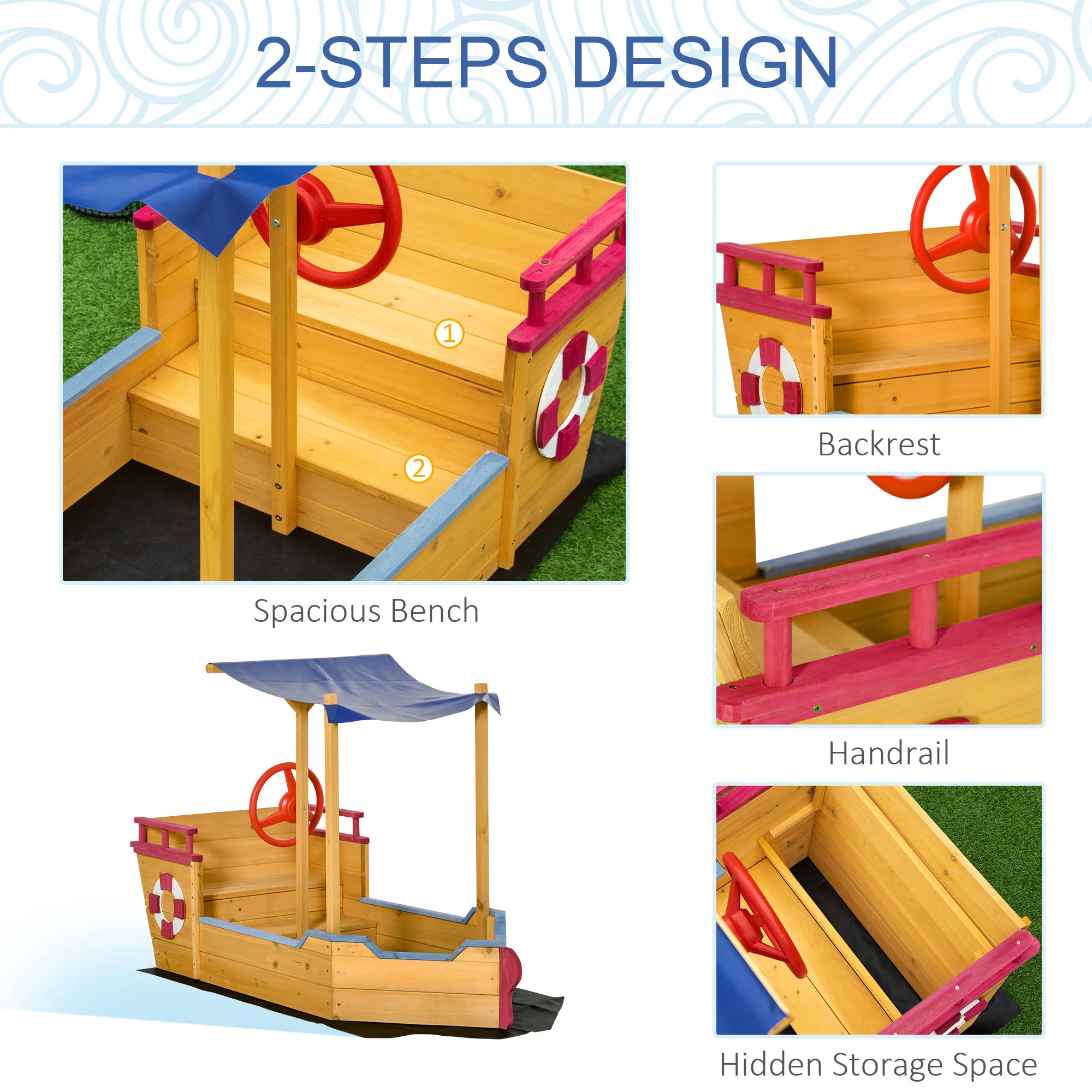 Outsunny Kids Wooden Sandbox Play Station, Covered Children Sand Boat Outdoor, For Backyard, W/ Canopy Shade, Storage Bench, Bottom Liner, Aged 3-8 Years Old, Orange - Image 6