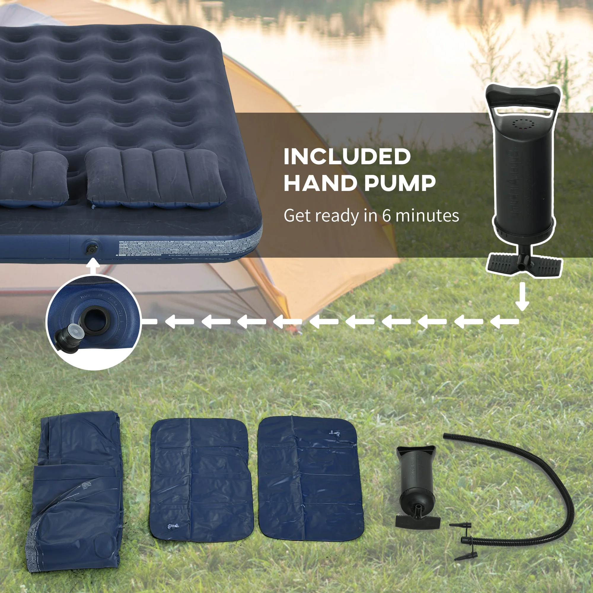 Outsunny King Inflatable Mattress with Hand Pump, Pillows, 203 x 152 x 22cm - Image 4