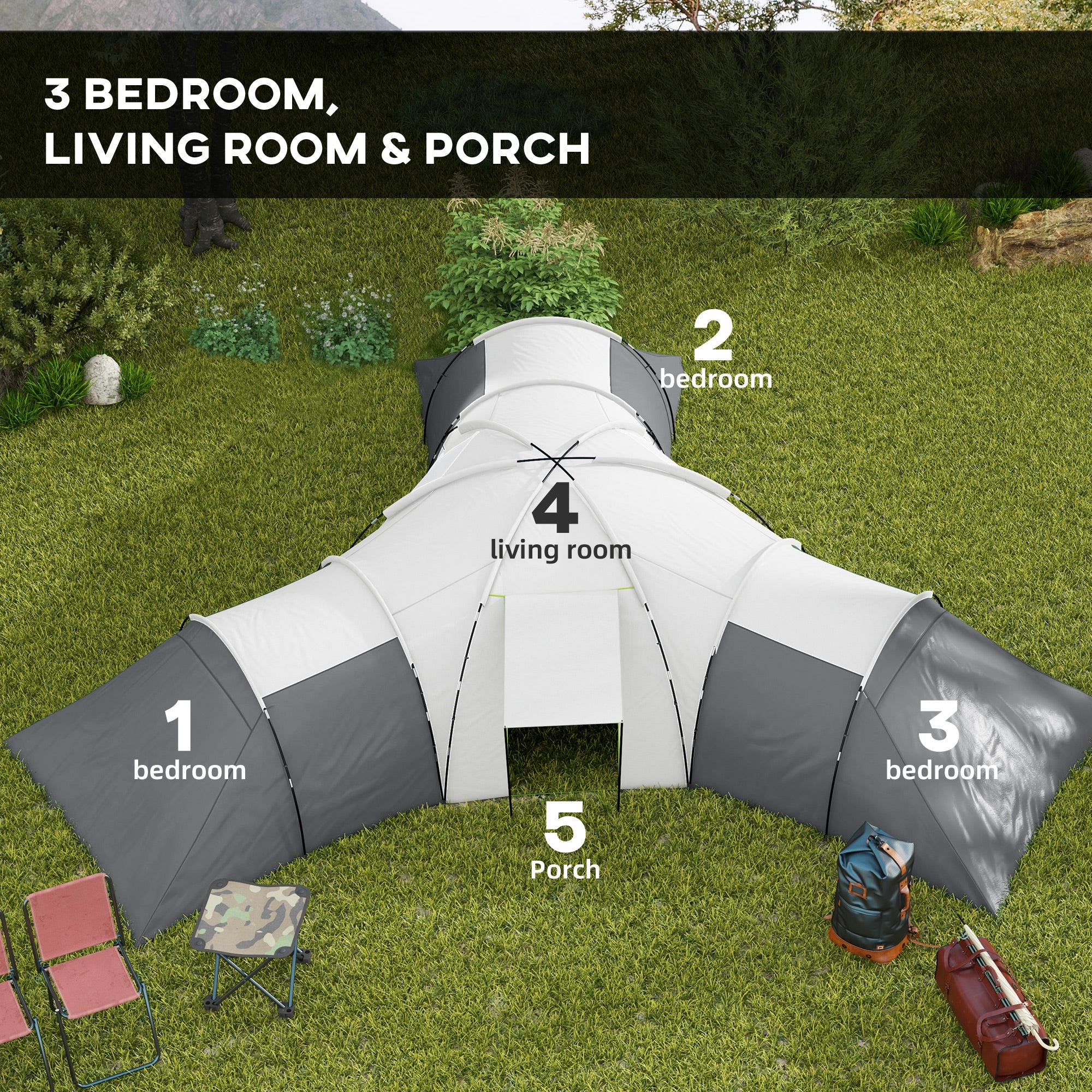 Outsunny Large Tunnel Tent with 3 Bedroom, Living Area and Porch, Grey - Image 3