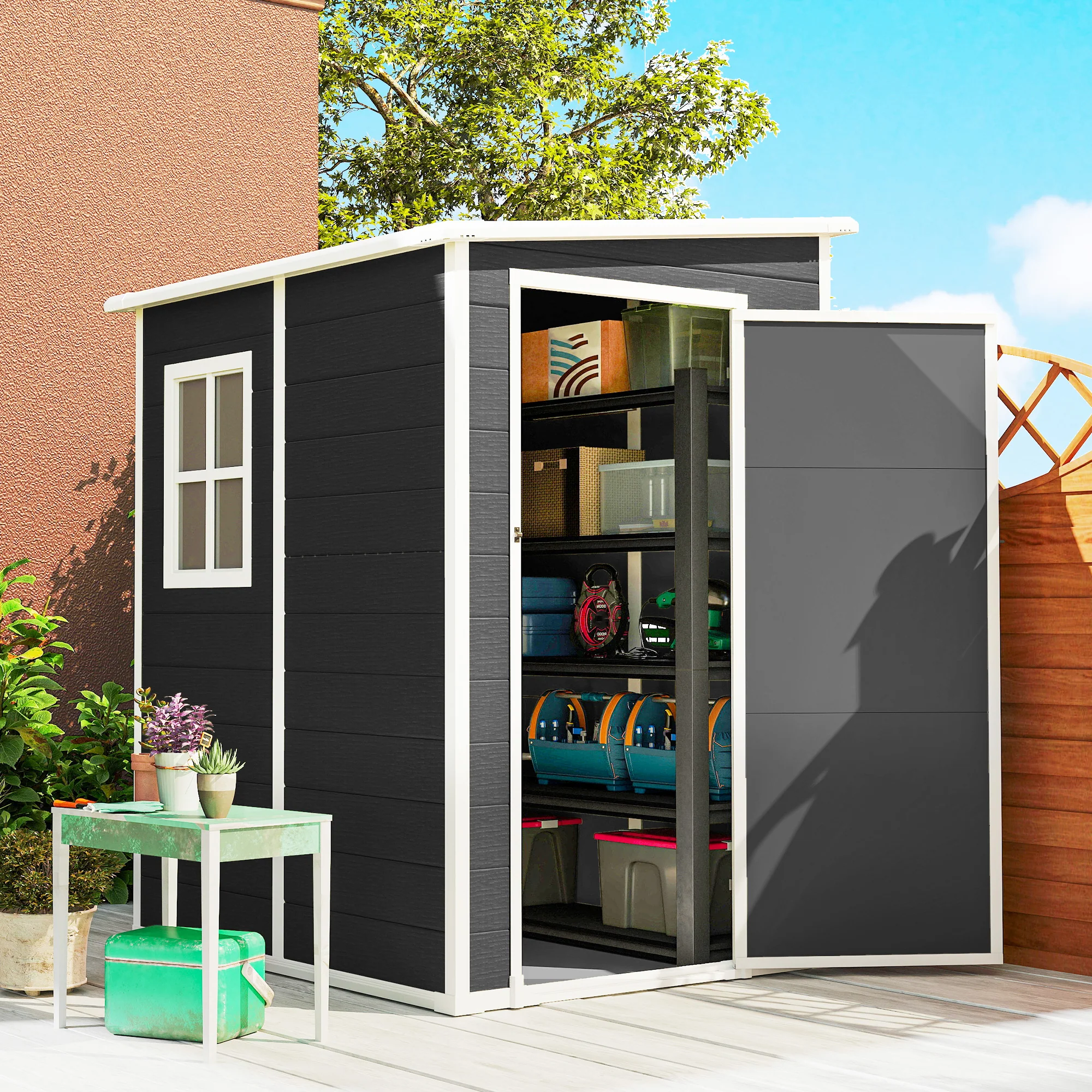 Outsunny Lean To Garden Shed, Plastic Tool Storage House W/ Lockable Door - Image 2