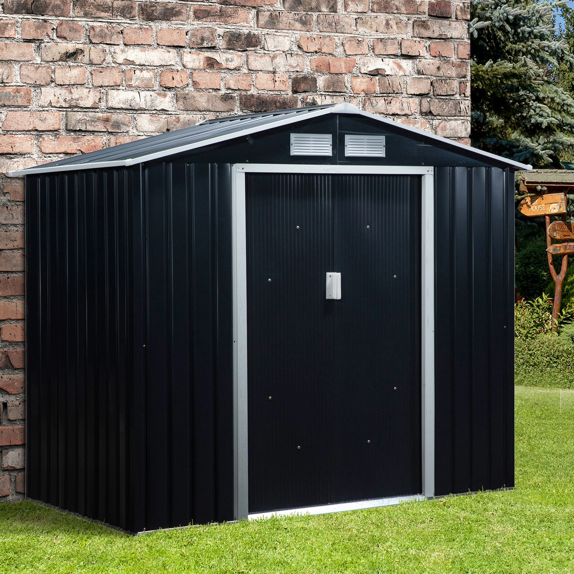 Outsunny Lockable Garden Shed Large Patio Roofed Tool Metal Storage Building Foundation Sheds Box Outdoor Furniture, 7ft X 4ft, Dark Grey