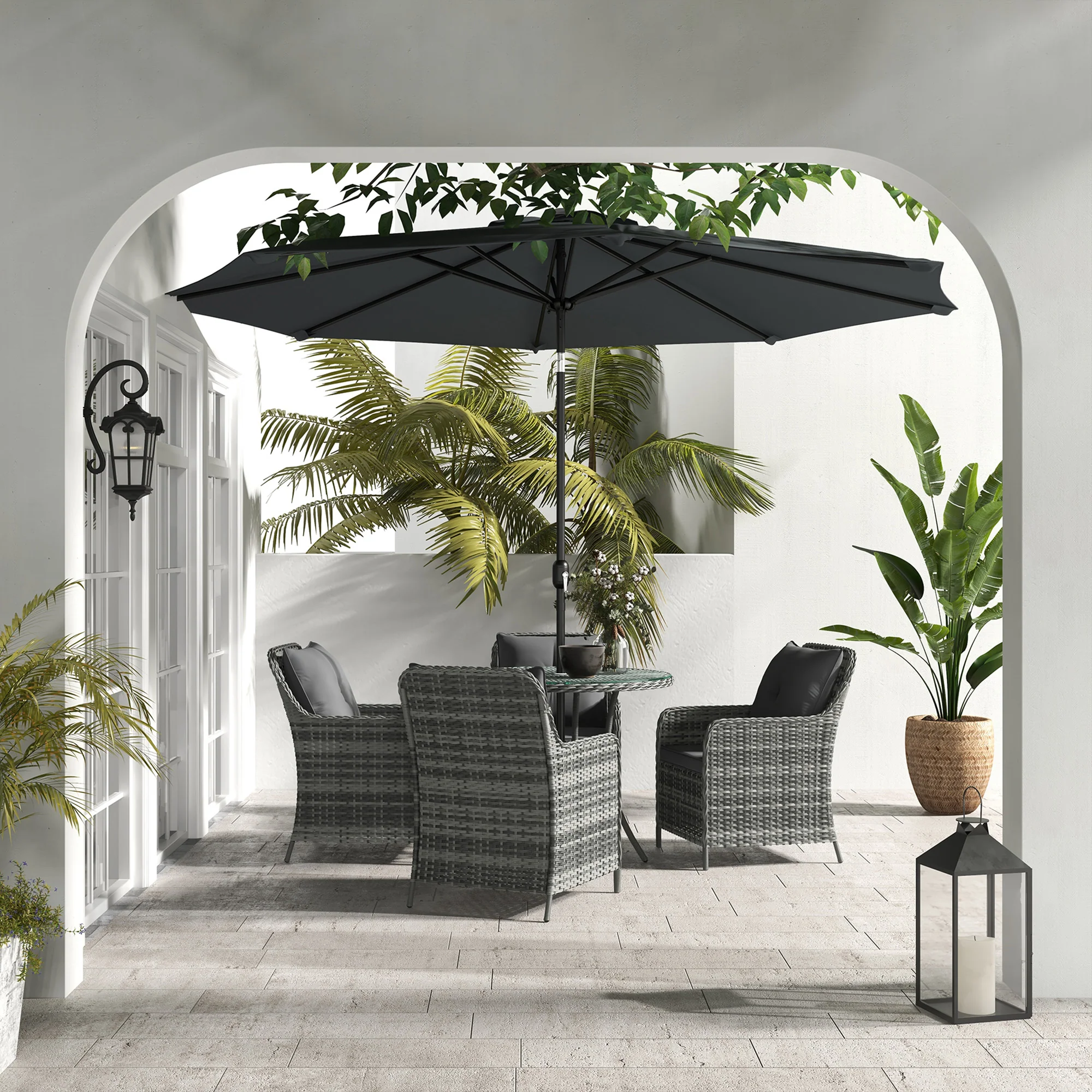 Outsunny Luxury Rattan Garden Dining Set W/ Parasol, Cushions, Mixed Grey - Image 2