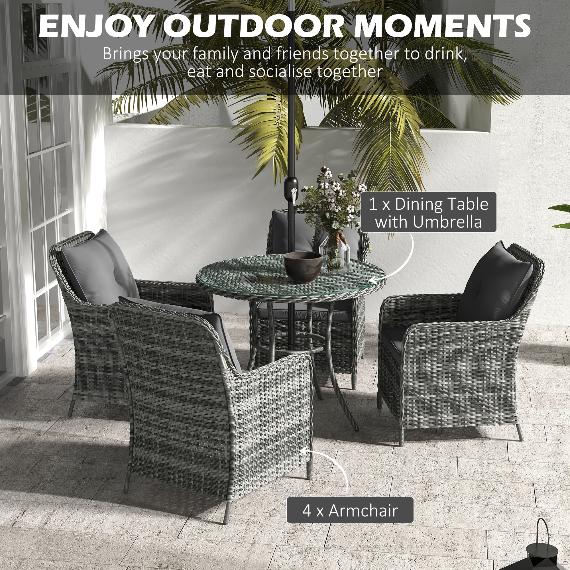 Outsunny Luxury Rattan Garden Dining Set W/ Parasol, Cushions, Mixed Grey - Image 3