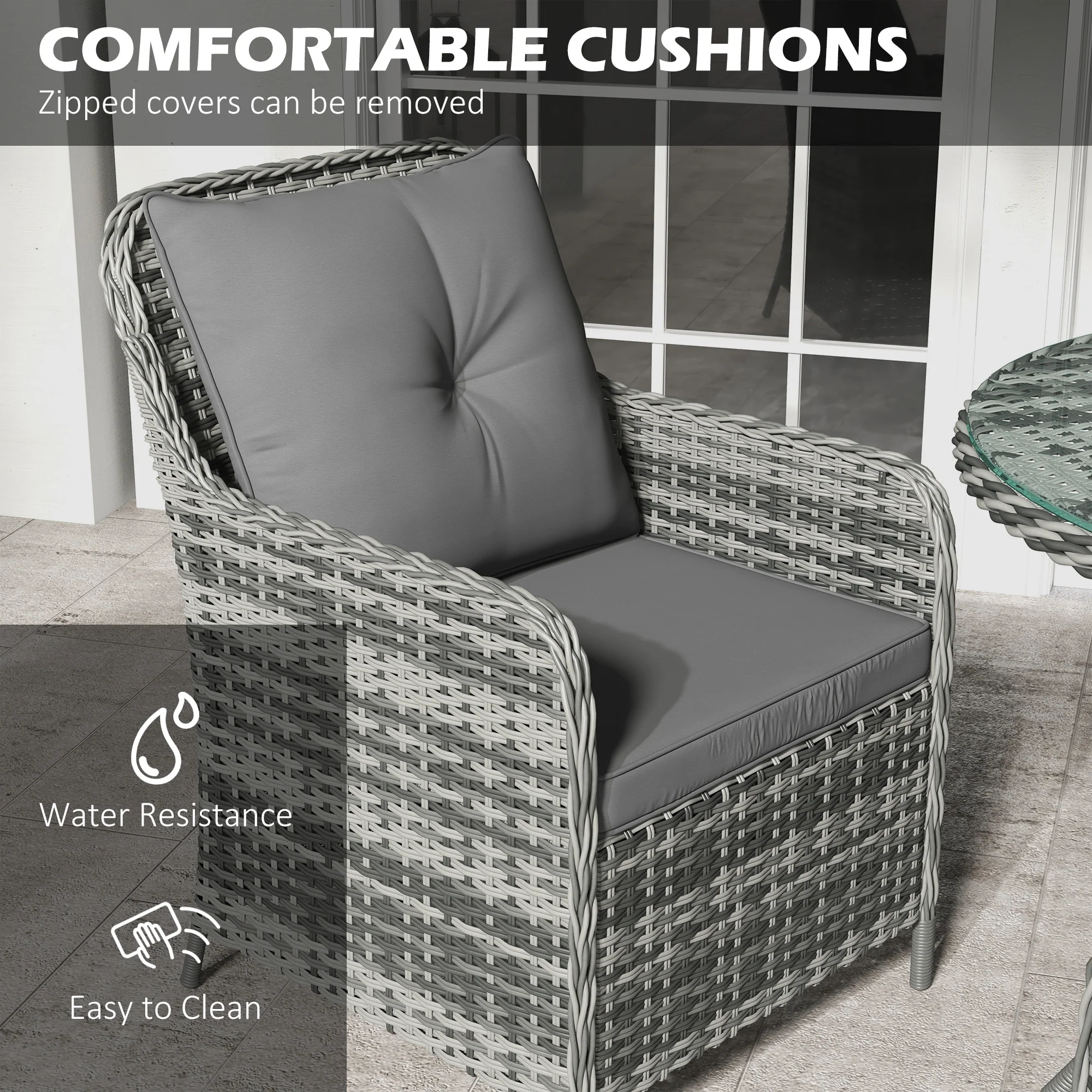 Outsunny Luxury Rattan Garden Dining Set W/ Parasol, Cushions, Mixed Grey - Image 4