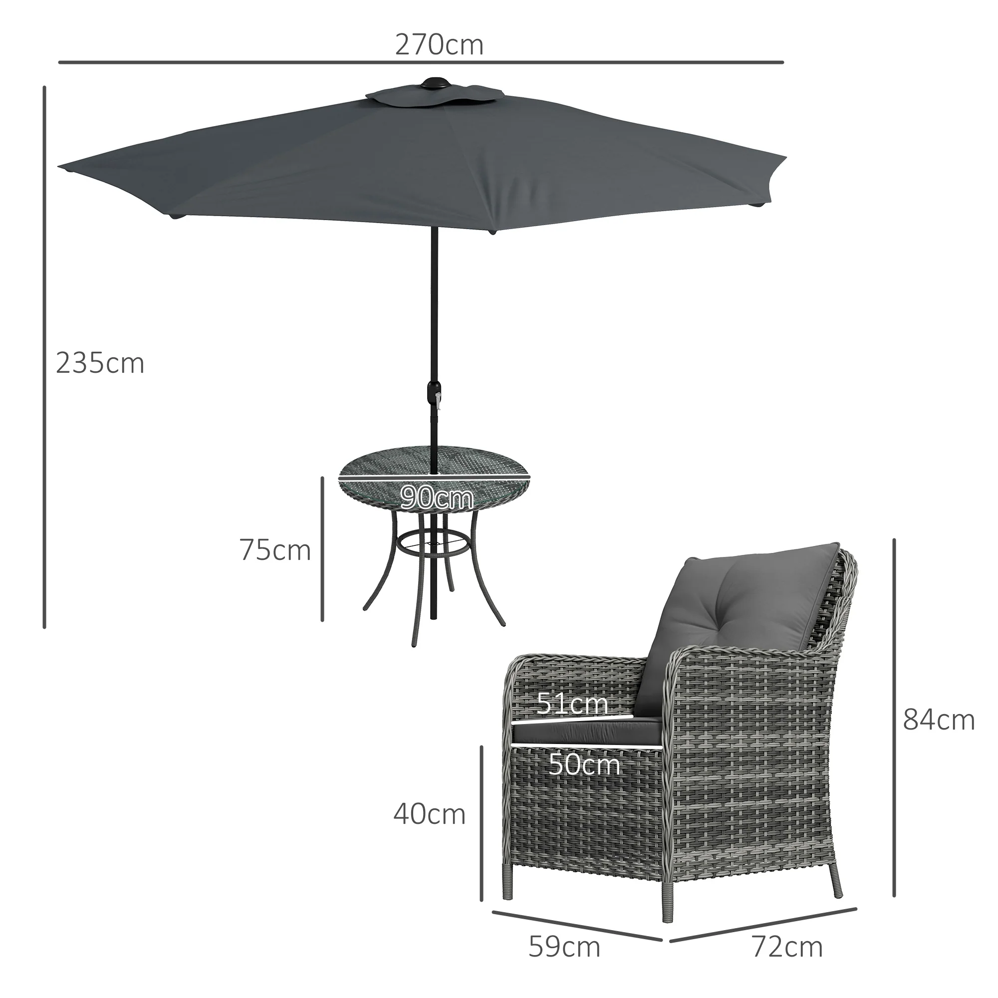 Outsunny Luxury Rattan Garden Dining Set W/ Parasol, Cushions, Mixed Grey - Image 5