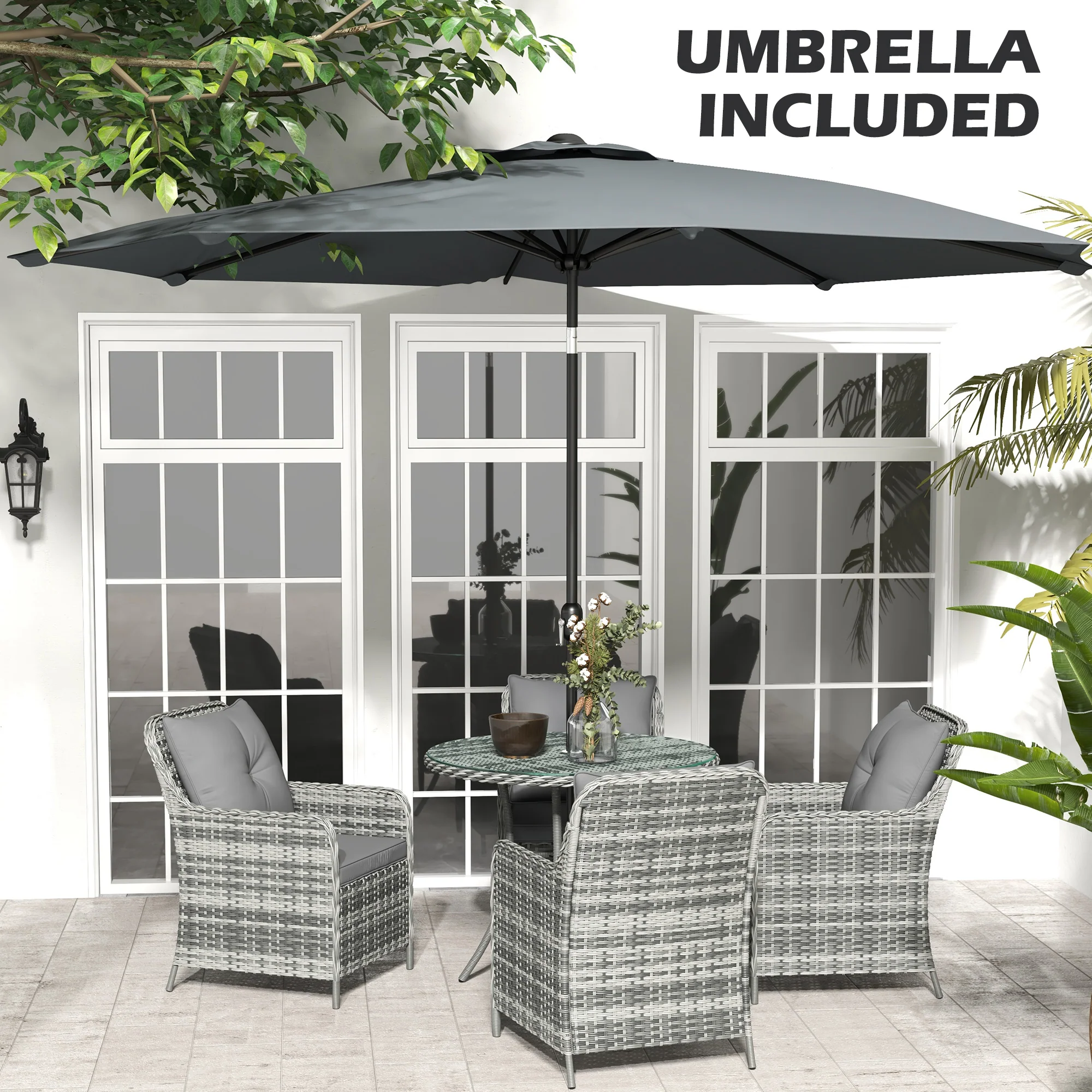 Outsunny Luxury Rattan Garden Dining Set W/ Parasol, Cushions, Mixed Grey - Image 6