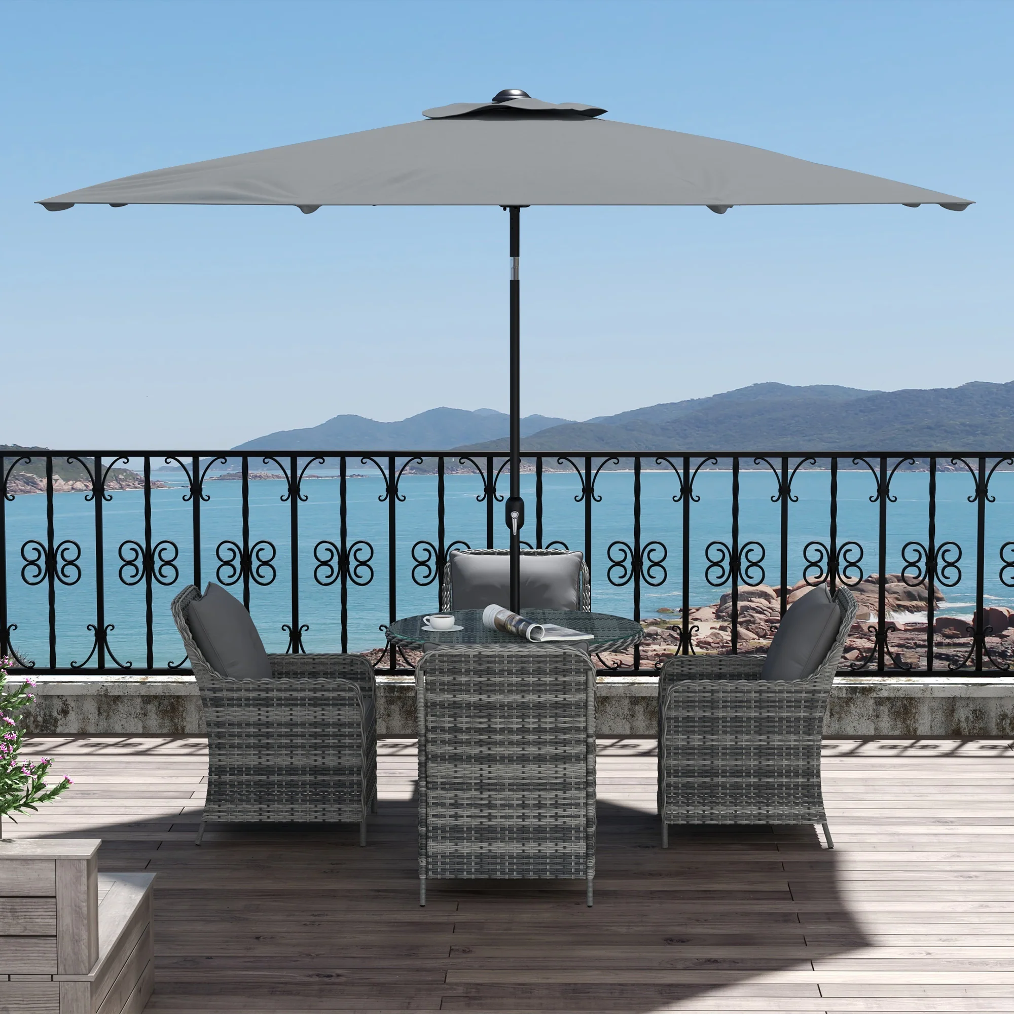 Outsunny Luxury Rattan Garden Dining Set W/ Parasol, Cushions, Mixed Grey - Image 7