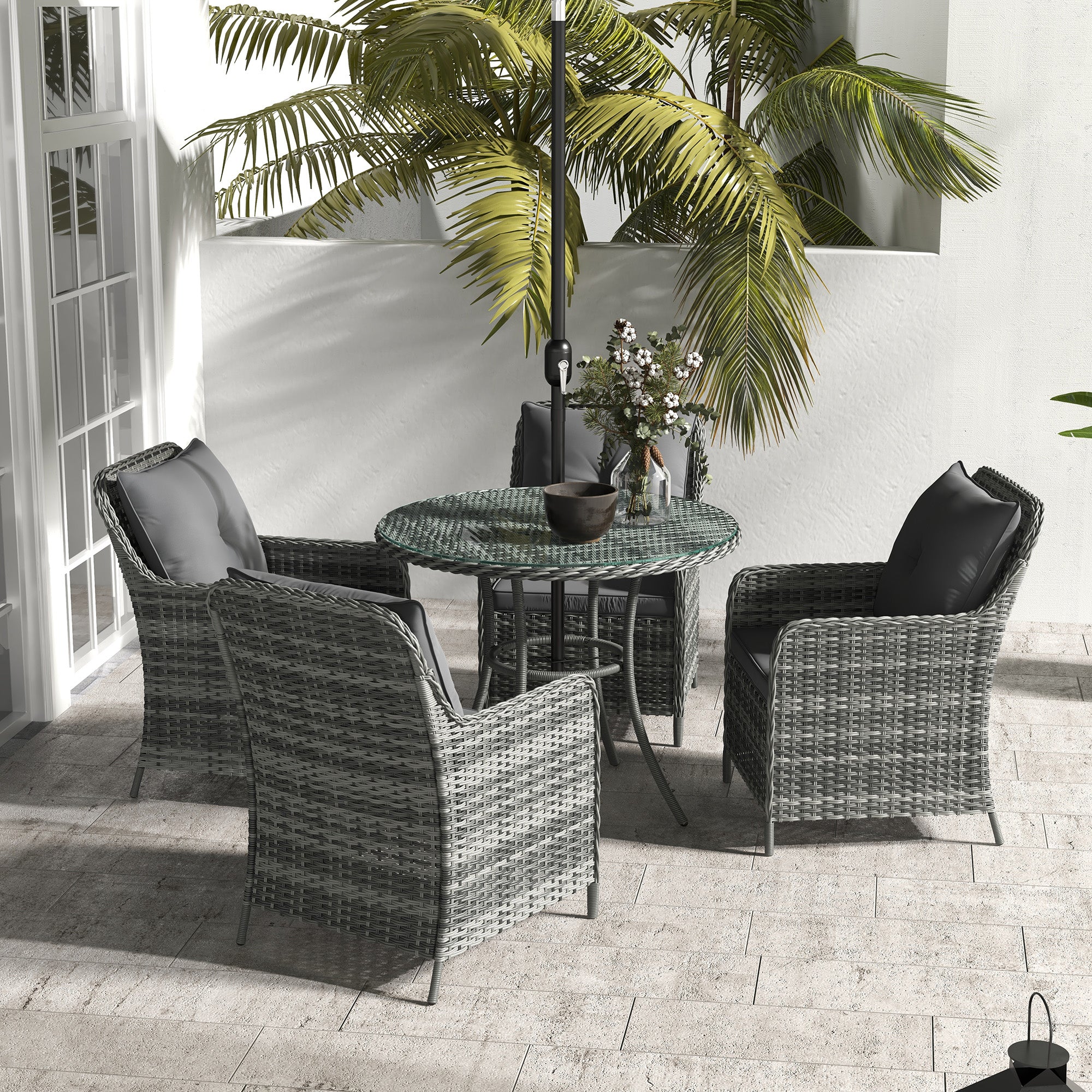 Outsunny Luxury Rattan Garden Dining Set W/ Parasol, Cushions, Mixed Grey - Image 8