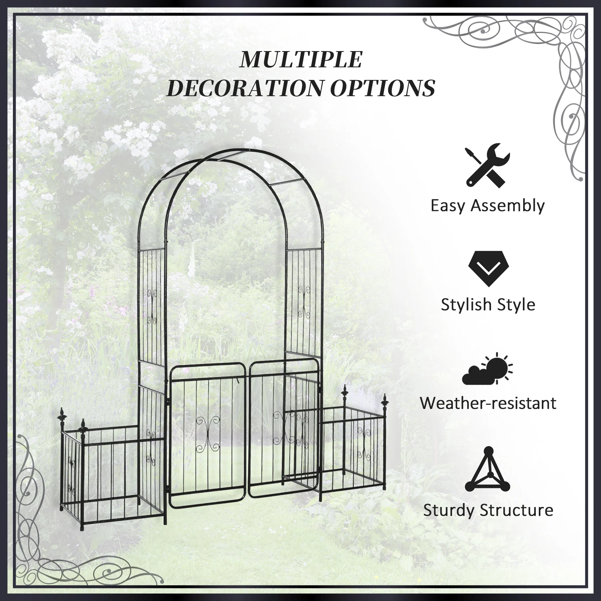 Outsunny Metal Garden Arbor Arch Gate w/ 2 Side Planter Boxes & Vine Frame - Image 4