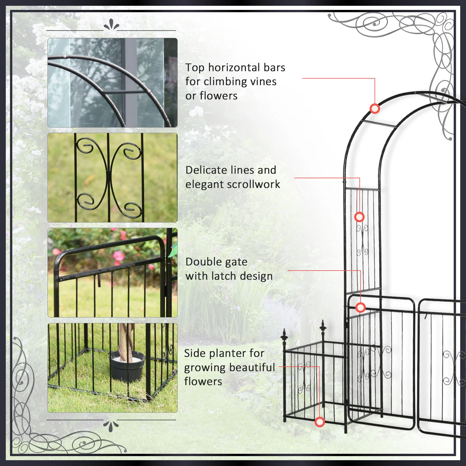 Outsunny Metal Garden Arbor Arch Gate w/ 2 Side Planter Boxes & Vine Frame - Image 6