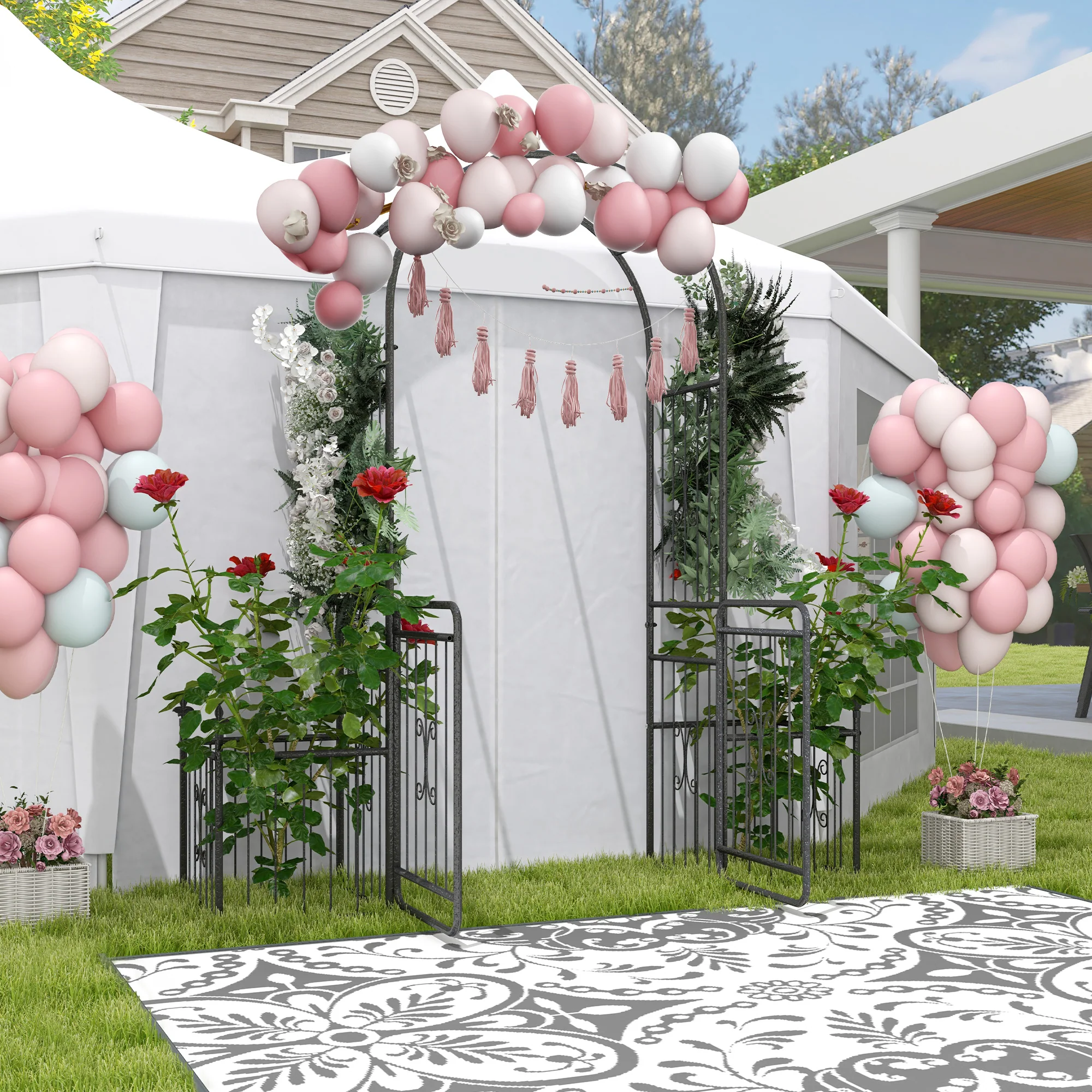 Outsunny Metal Garden Arbor Arch Gate w/ 2 Side Planter Boxes & Vine Frame - Image 9