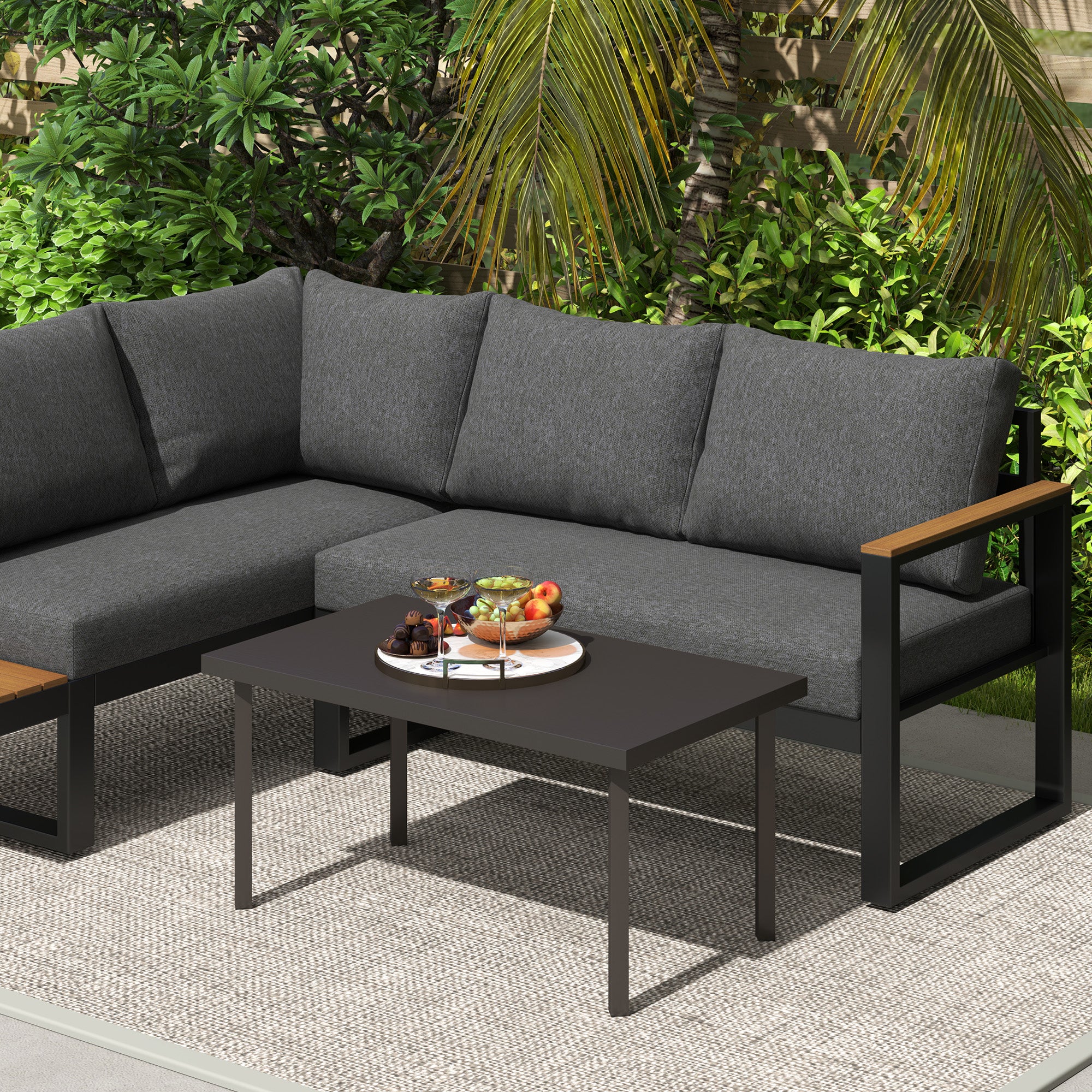 Outsunny Metal Garden Coffee Table with Woodgrain Tabletop, Brown - Image 9
