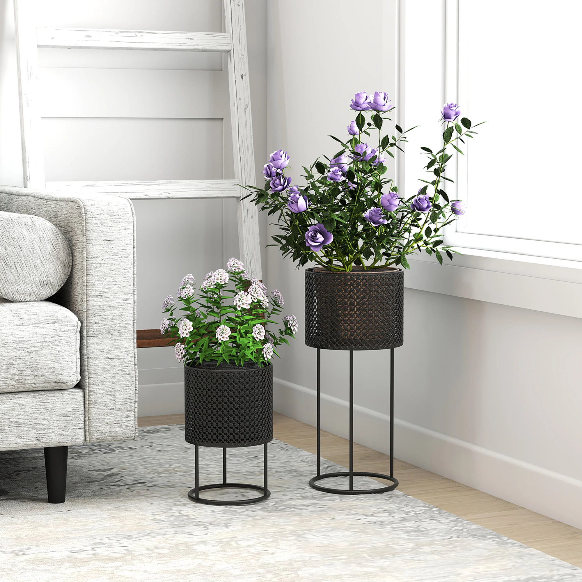 Outsunny Metal Plant Pots Flower Planters Set Of 2 For Indoor Outdoor Black - Image 7
